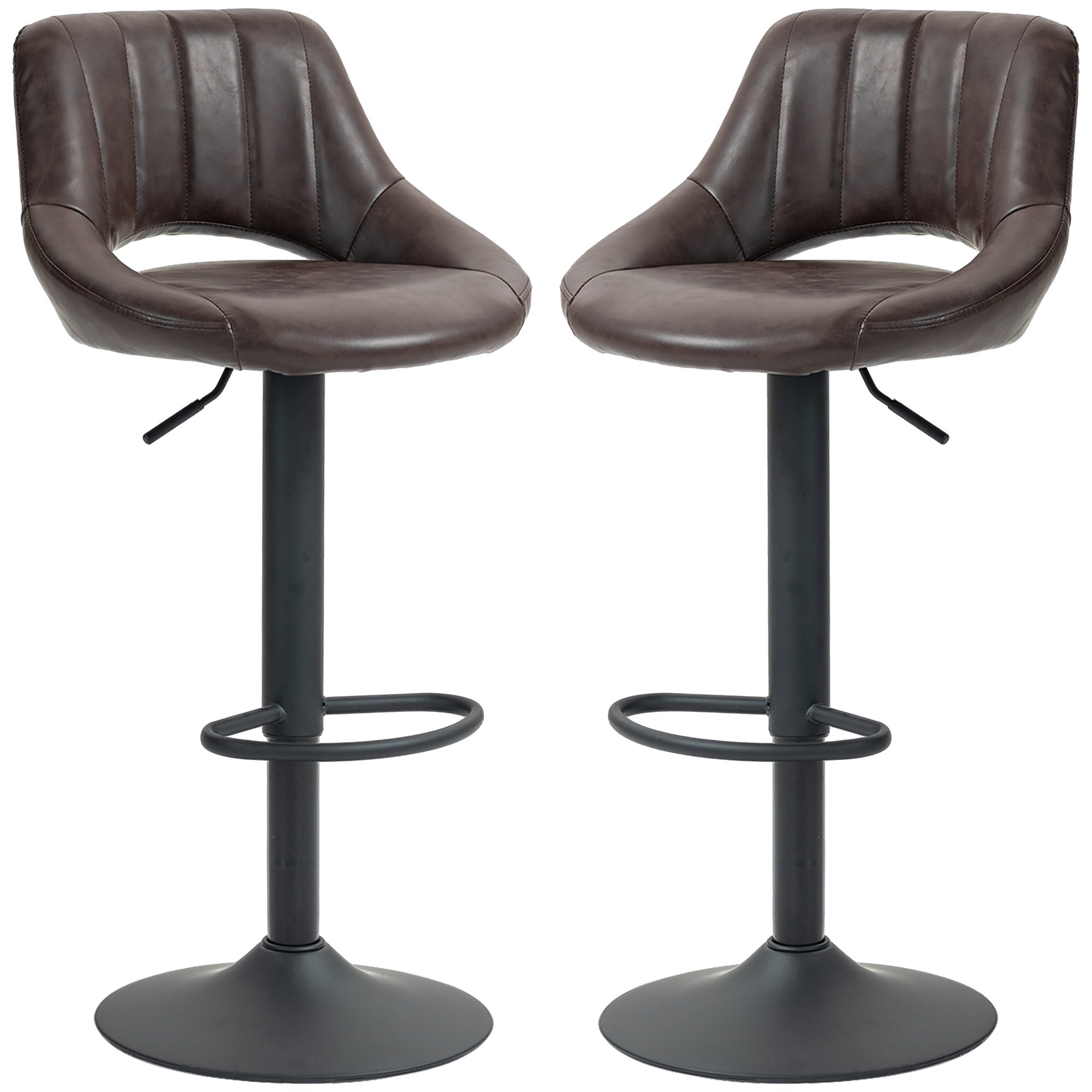 HOMCOM Bar Stools Set of 2, Swivel Counter Height Barstools with Adjustable Height, Faux Leather Upholstered Bar Chairs with Round Metal Base and Footrest, Brown