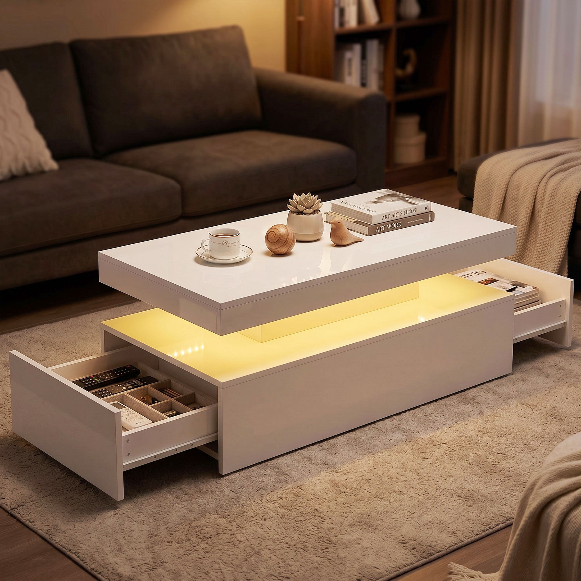 LED Coffee Table with Storage, 2-Tier Modern Rectangular Center Table with 2 Drawers and Open Compartment for Living Room, High Gloss White
