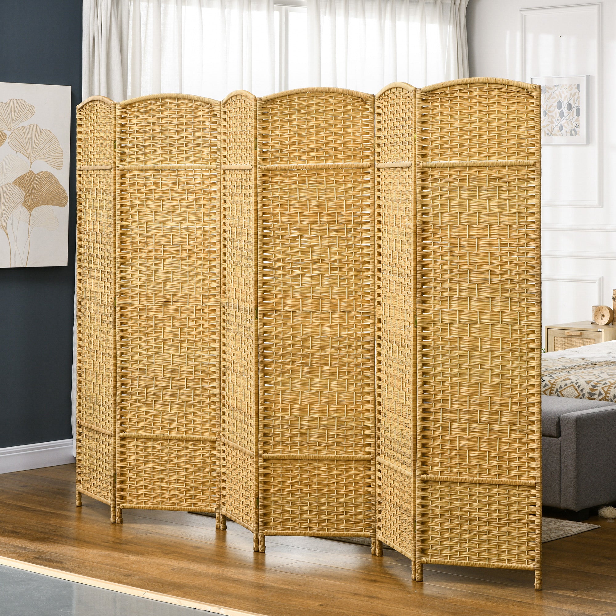 6 Panel 6' Tall Privacy Screen Freestanding Wood Partition, Nature Wood