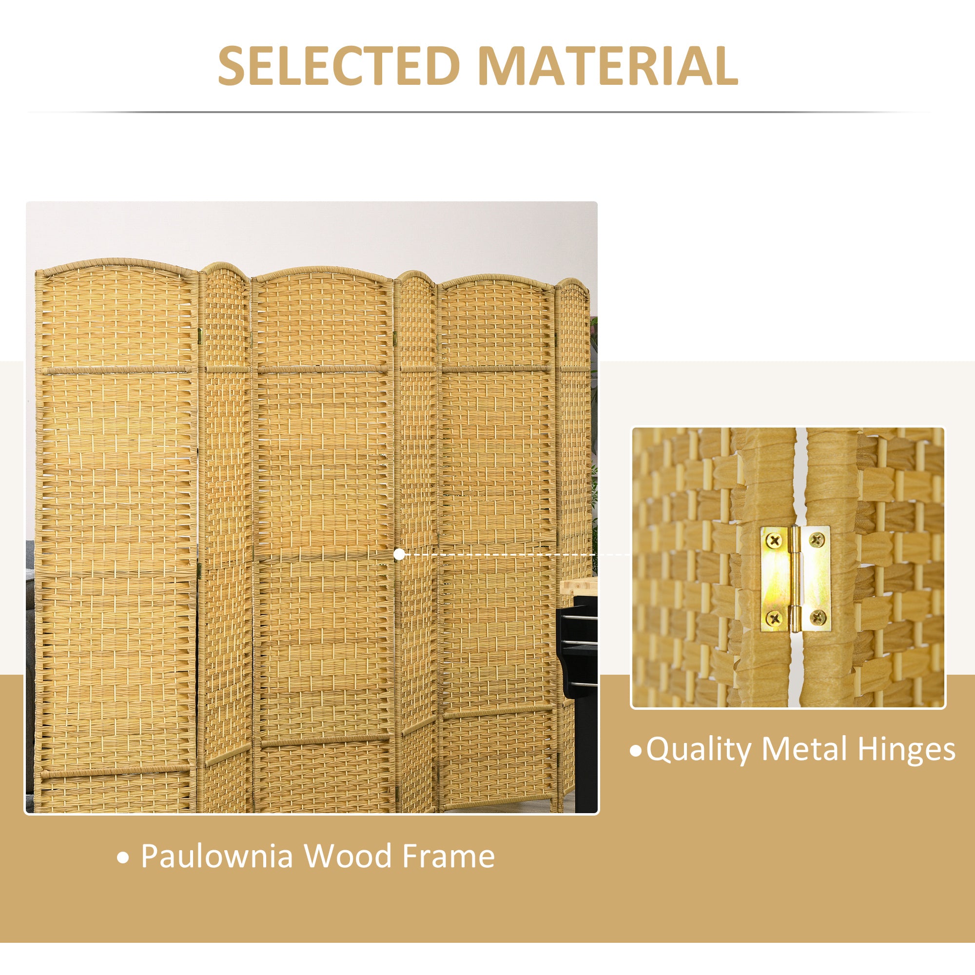 6 Panel 6' Tall Privacy Screen Freestanding Wood Partition, Nature Wood