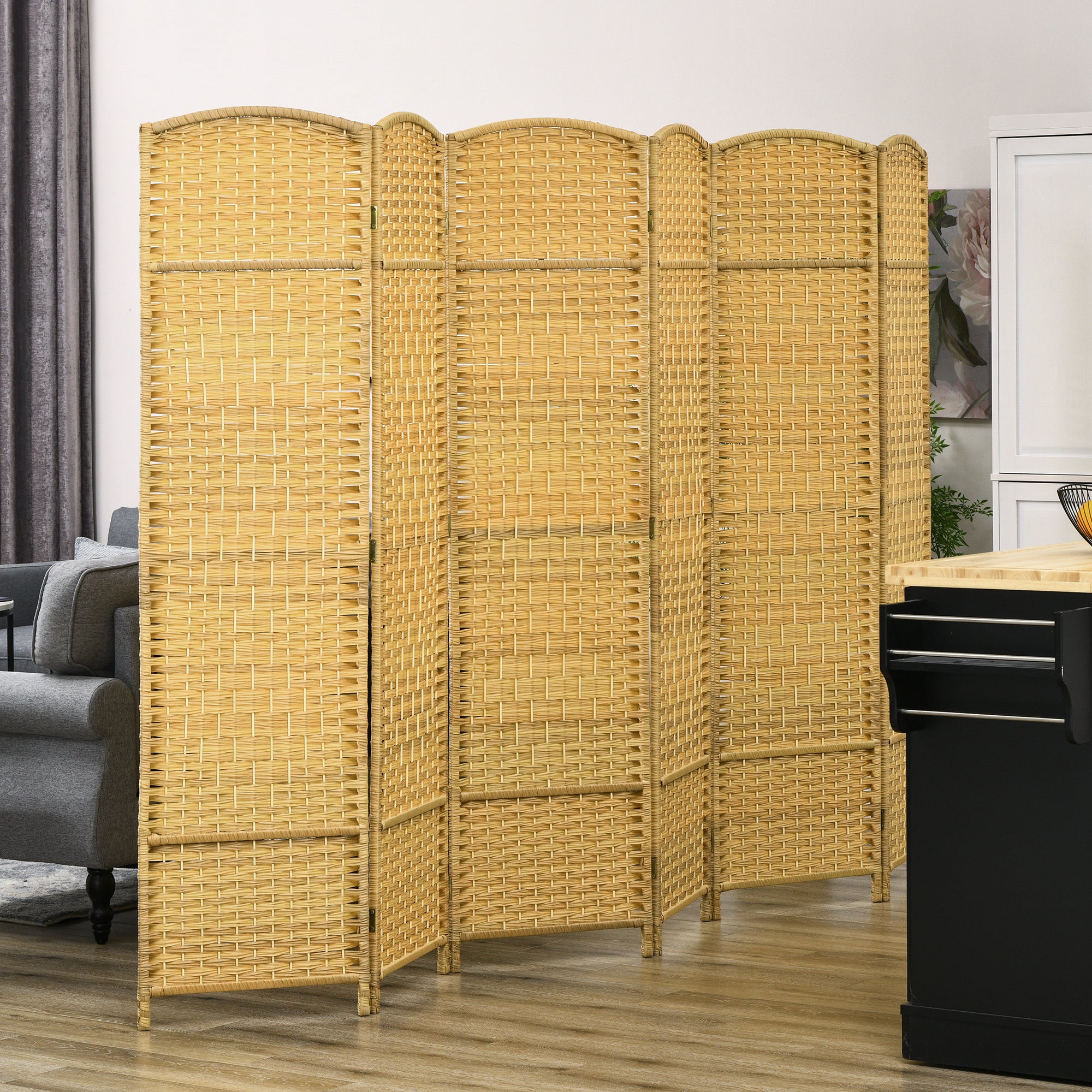 6 Panel 6' Tall Privacy Screen Freestanding Wood Partition, Nature Wood