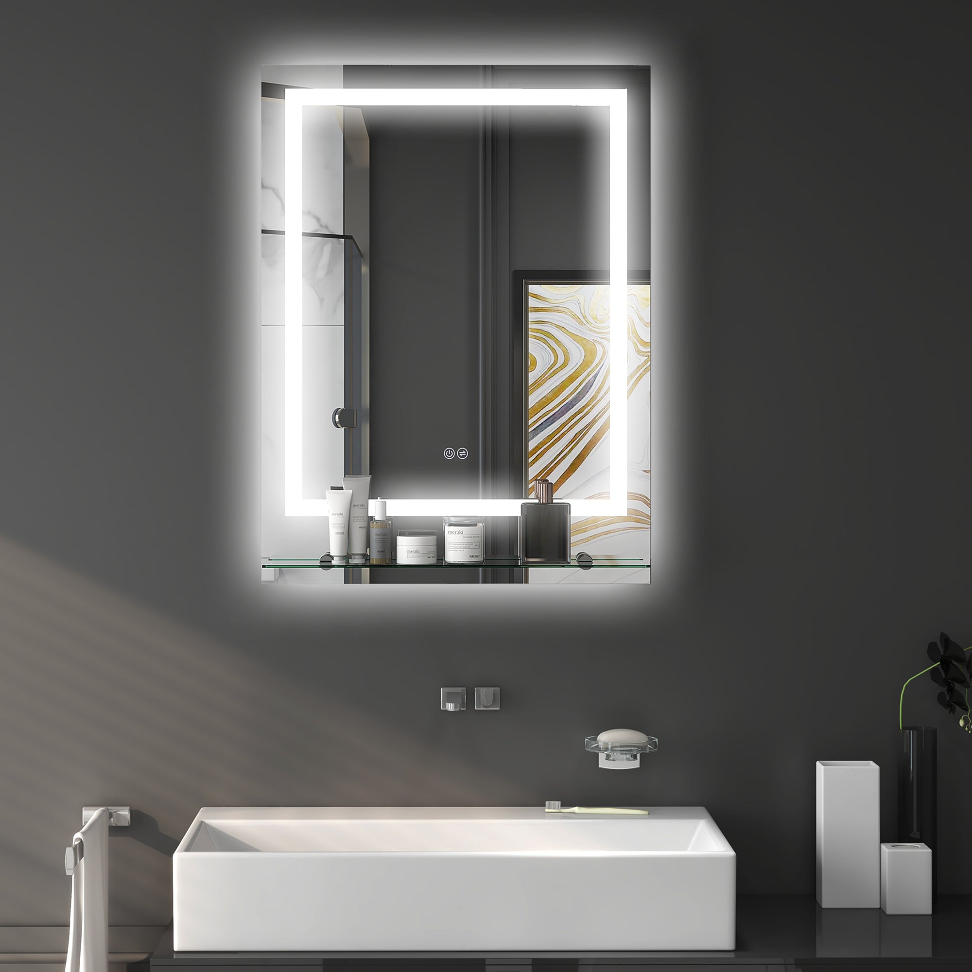 kleankin Bathroom Mirror with LED Lights, Dimmable Makeup Mirror with Storage Shelf, 3 Temperature Colours, Defogging Film and Memory Function, Hardwired, 70 x 50cm