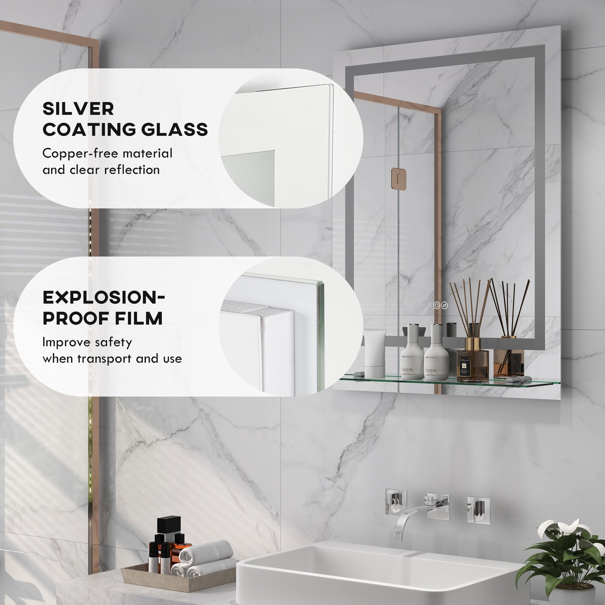 kleankin Bathroom Mirror with LED Lights, Dimmable Makeup Mirror with Storage Shelf, 3 Temperature Colours, Defogging Film and Memory Function, Hardwired, 70 x 50cm