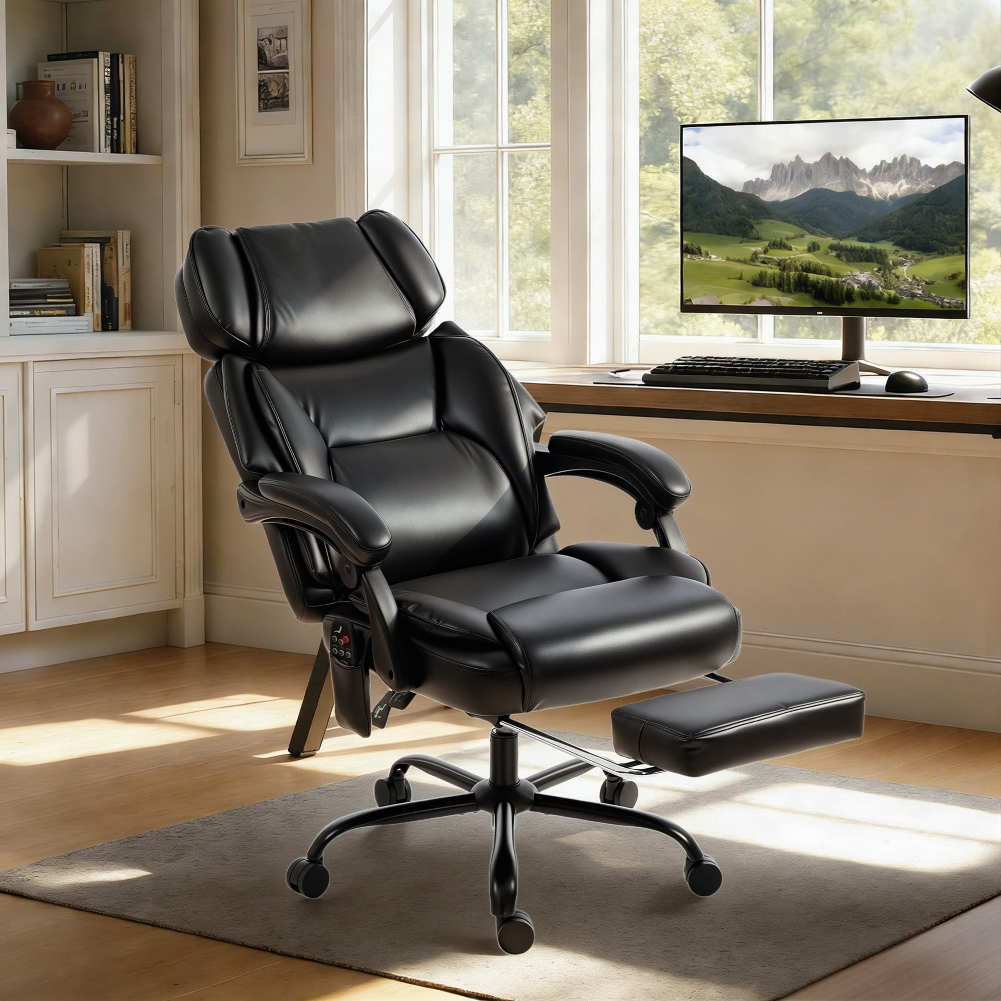 High Back Vibration Massage Office Chair, Heated Reclining PU Leather Computer Chair with Headrest, Footrest, Padded Armrests, Adjustable Height, Swivel Wheels, Remote, Black
