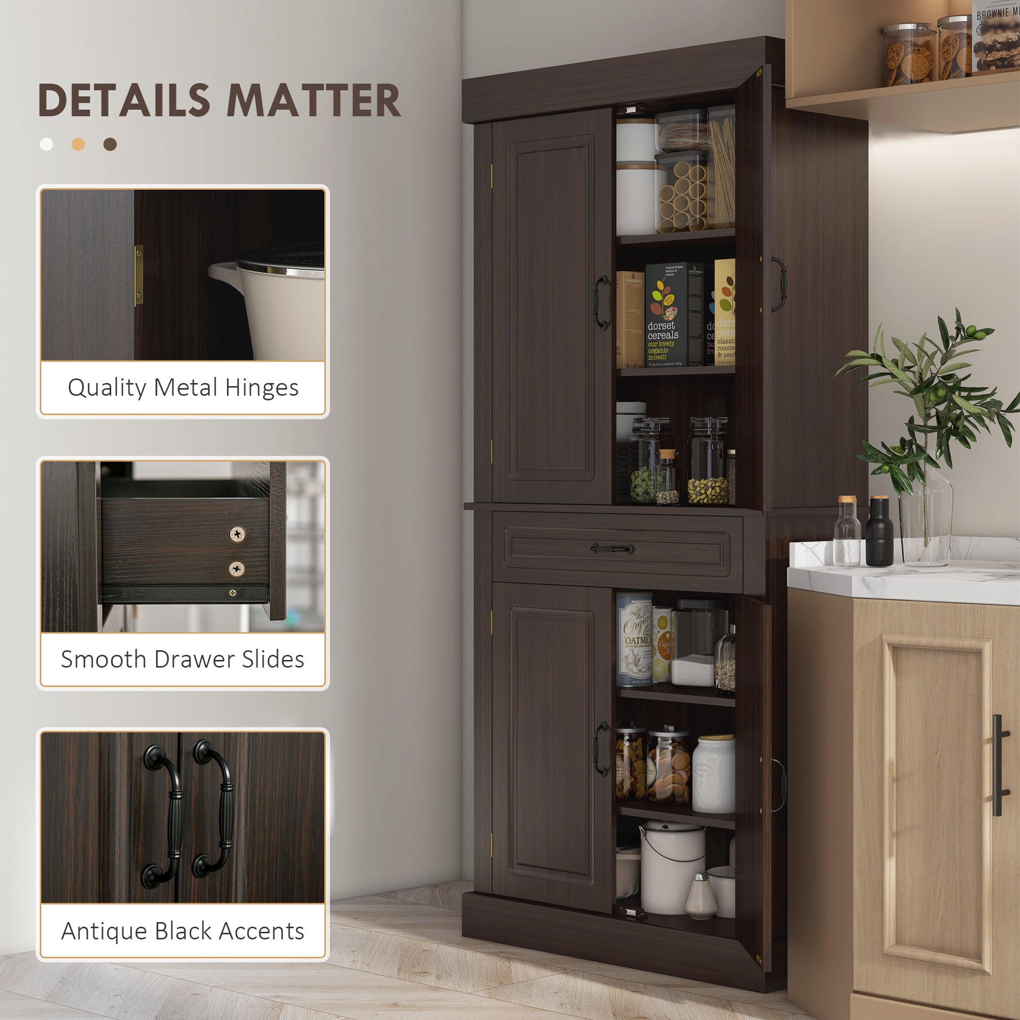 71" Tall Freestanding Kitchen Pantry with Drawer, 4 Doors & 2 Large Cabinets, Coffee