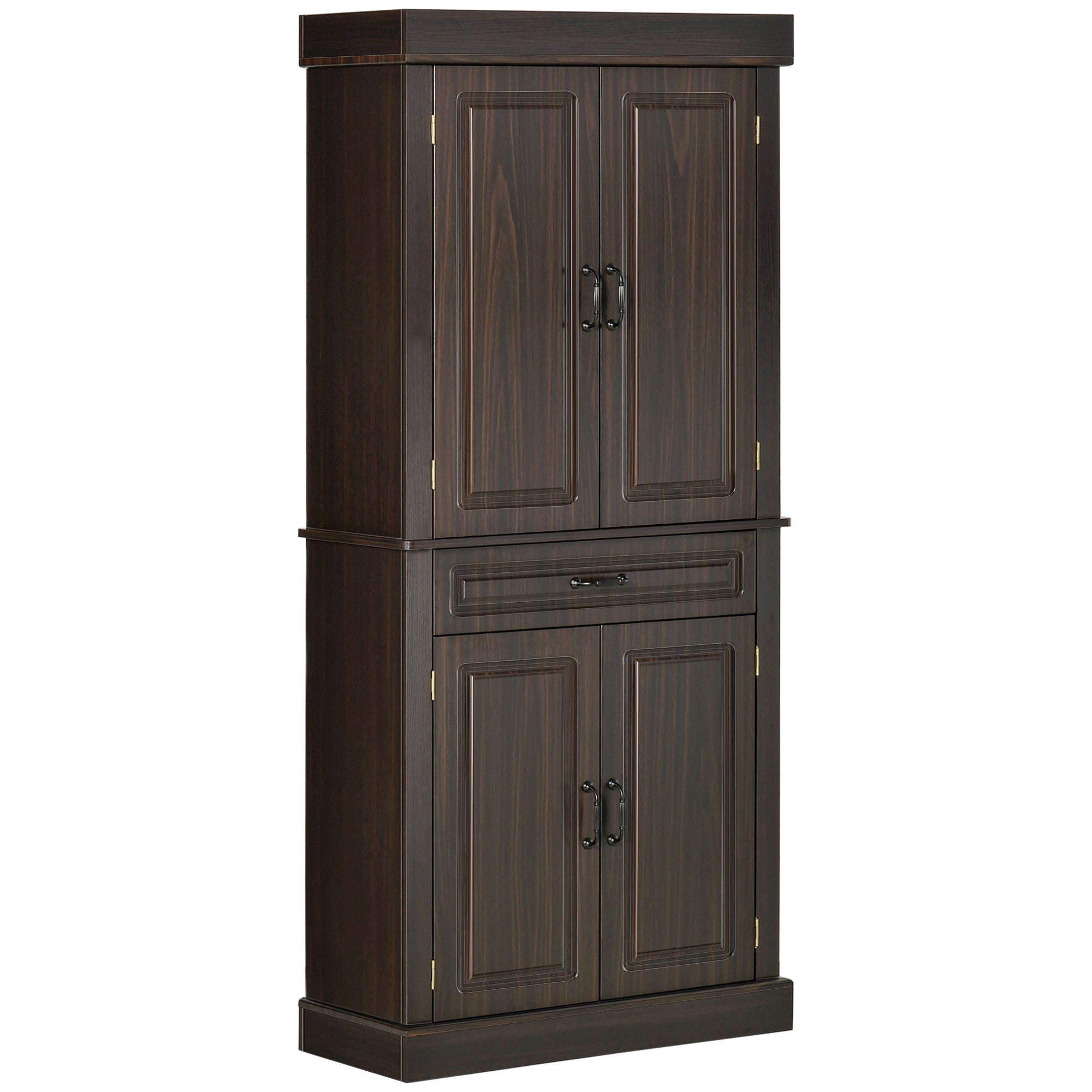 71" Tall Freestanding Kitchen Pantry with Drawer, 4 Doors & 2 Large Cabinets, Coffee