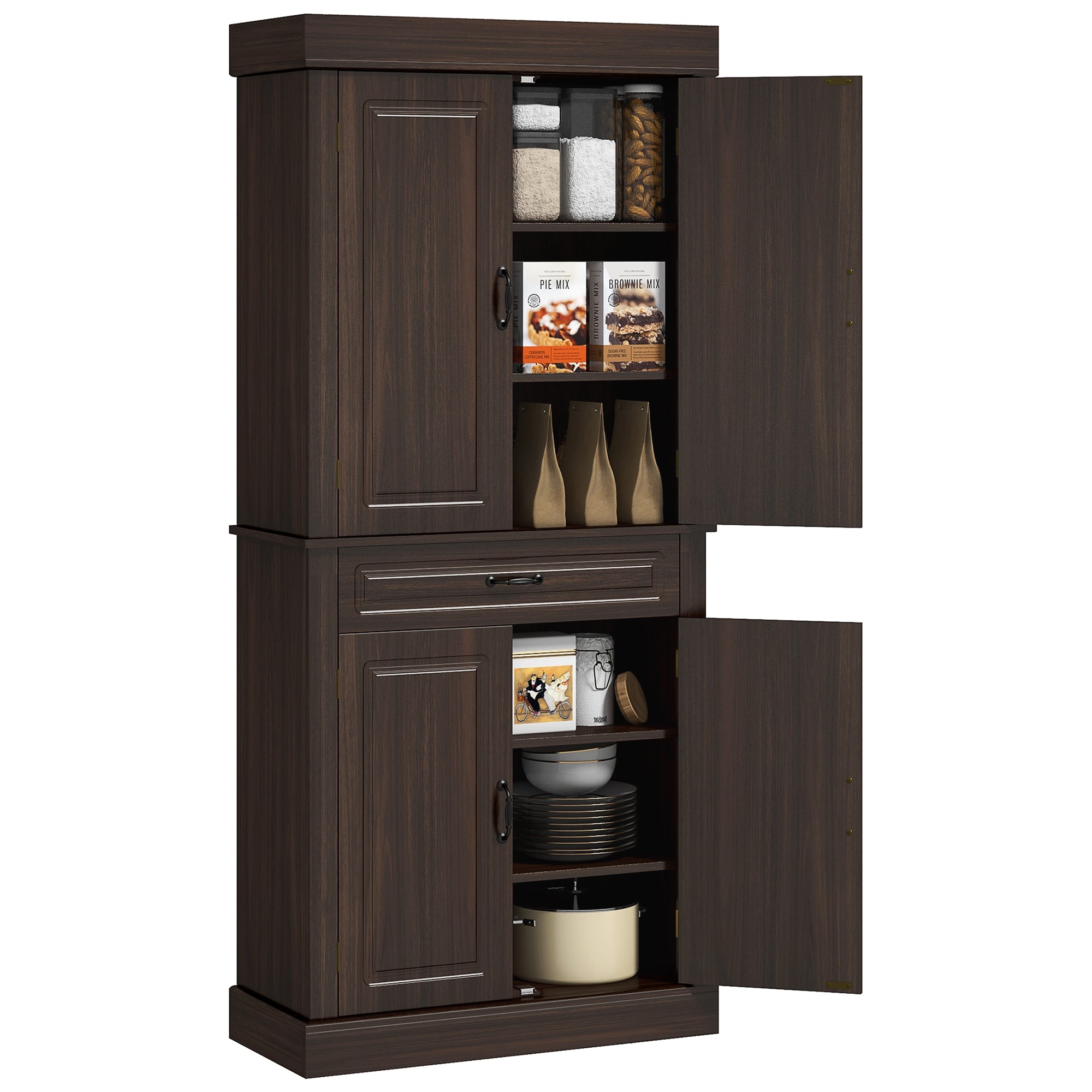 71" Tall Freestanding Kitchen Pantry with Drawer, 4 Doors & 2 Large Cabinets, Coffee
