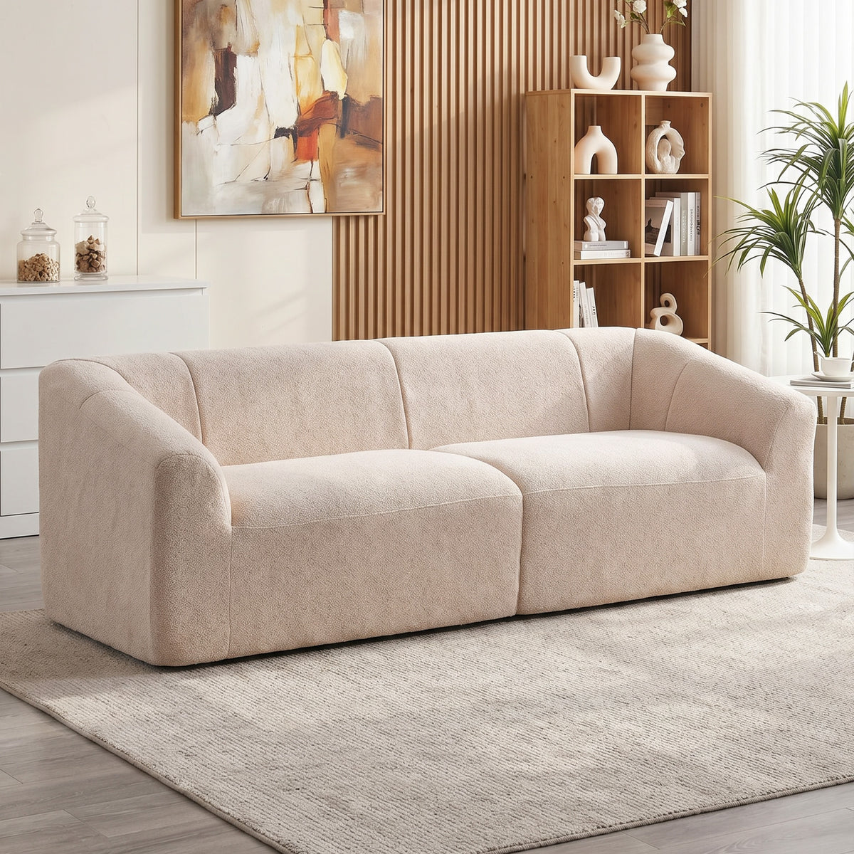 3 Seater Sofa, 89" Chenille Boneless Cloud Couch with Spring Cushion, Wide and Deep Seat, Modern Sofa for Living Room, Beige