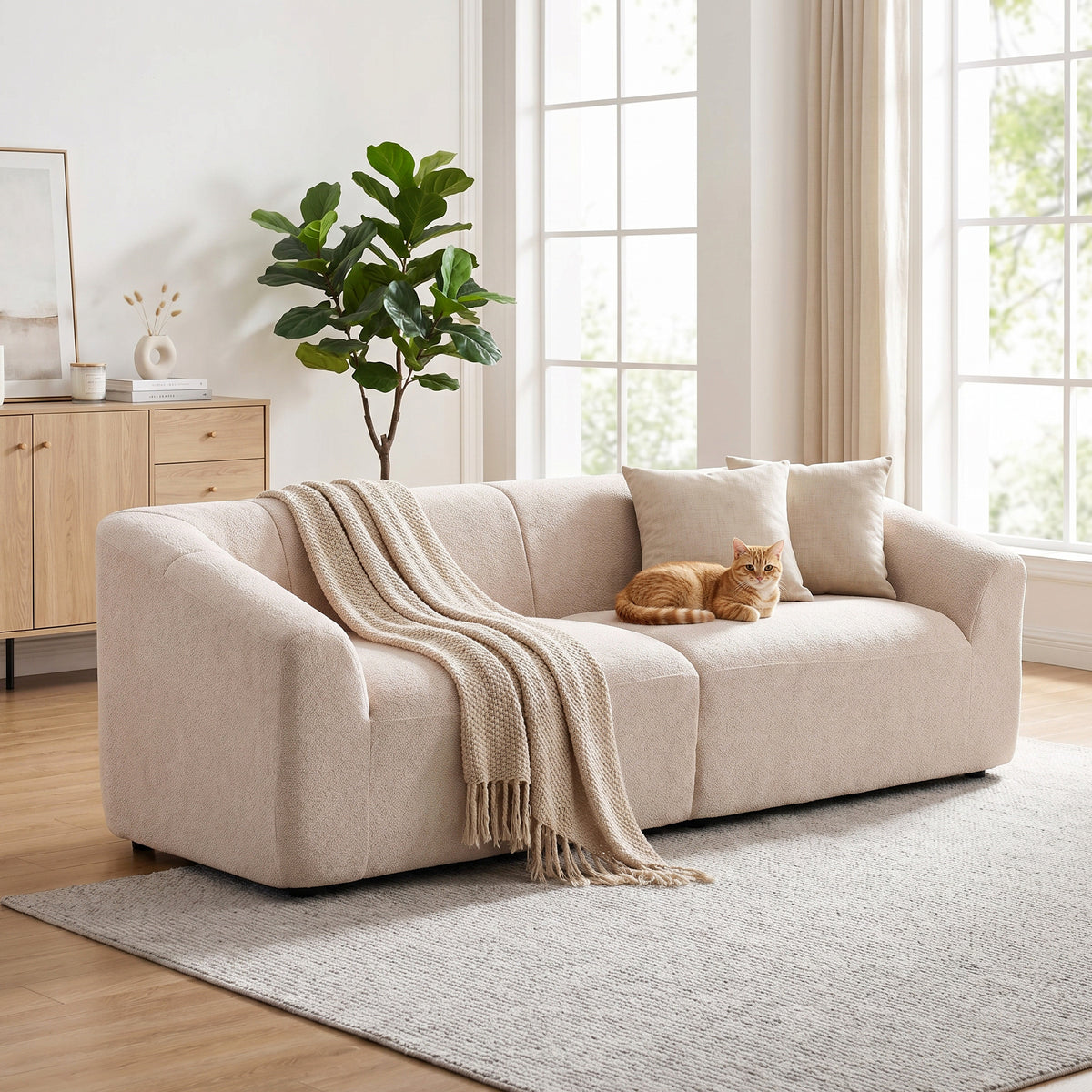 3 Seater Sofa, 89" Chenille Boneless Cloud Couch with Spring Cushion, Wide and Deep Seat, Modern Sofa for Living Room, Beige