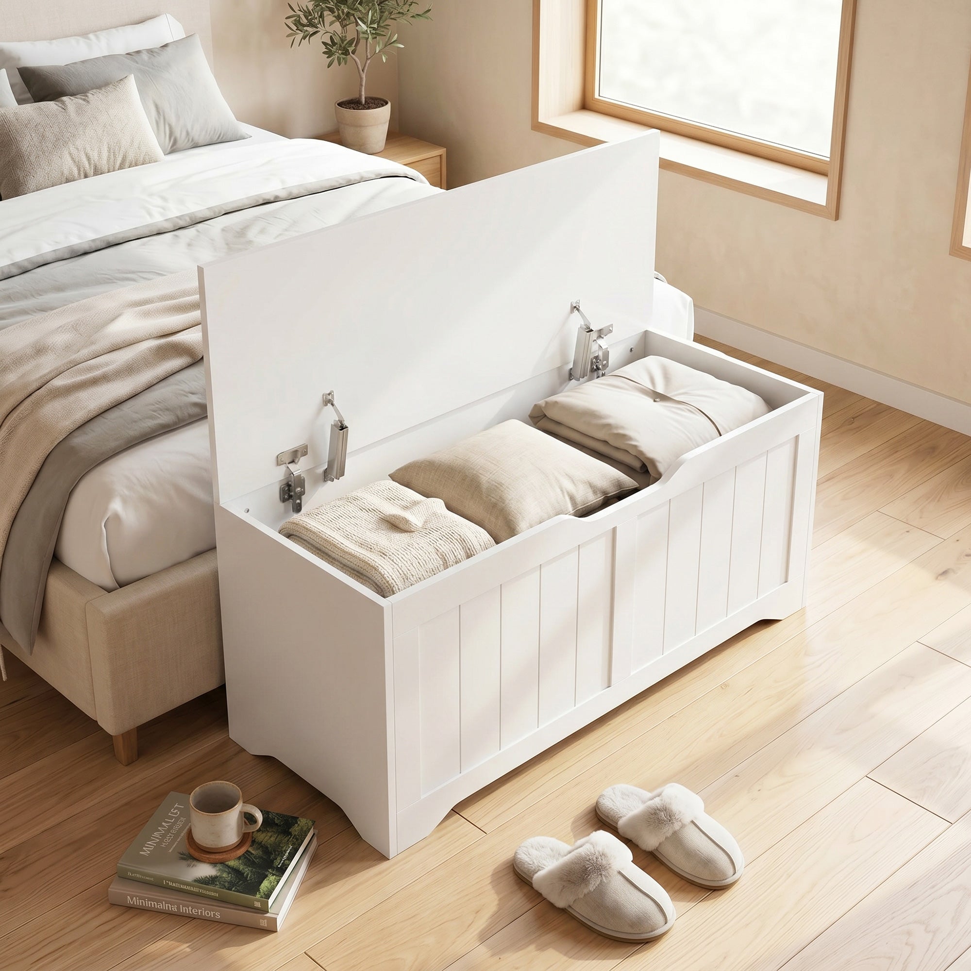 Storage Chest, Modern Storage Trunk with 2 Safety Hinges and Handle-Free Design, Storage Bench for Living Room, Shoe Bench for Entryway, 39.4" x 15.7" x 17.7", White