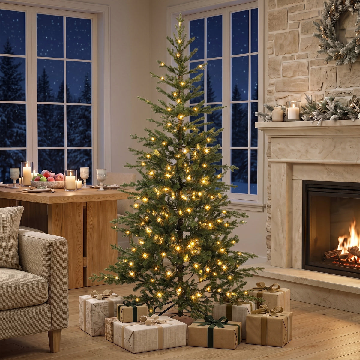 6ft Prelit Sparse Christmas Tree, Artificial Downswept Hinged Xmas Tree with 200 Warm White LED Lights, 8 Modes, 1577 Tips, Metal Stand, Green