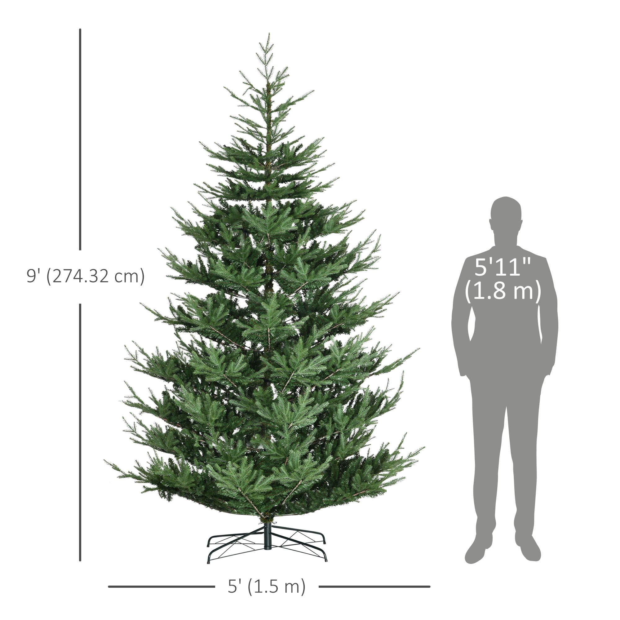 9ft Artificial Christmas Tree, Wide Pine Holidy Decor, Hinged Xmas Tree with 1939 Tips, Metal Base, Green