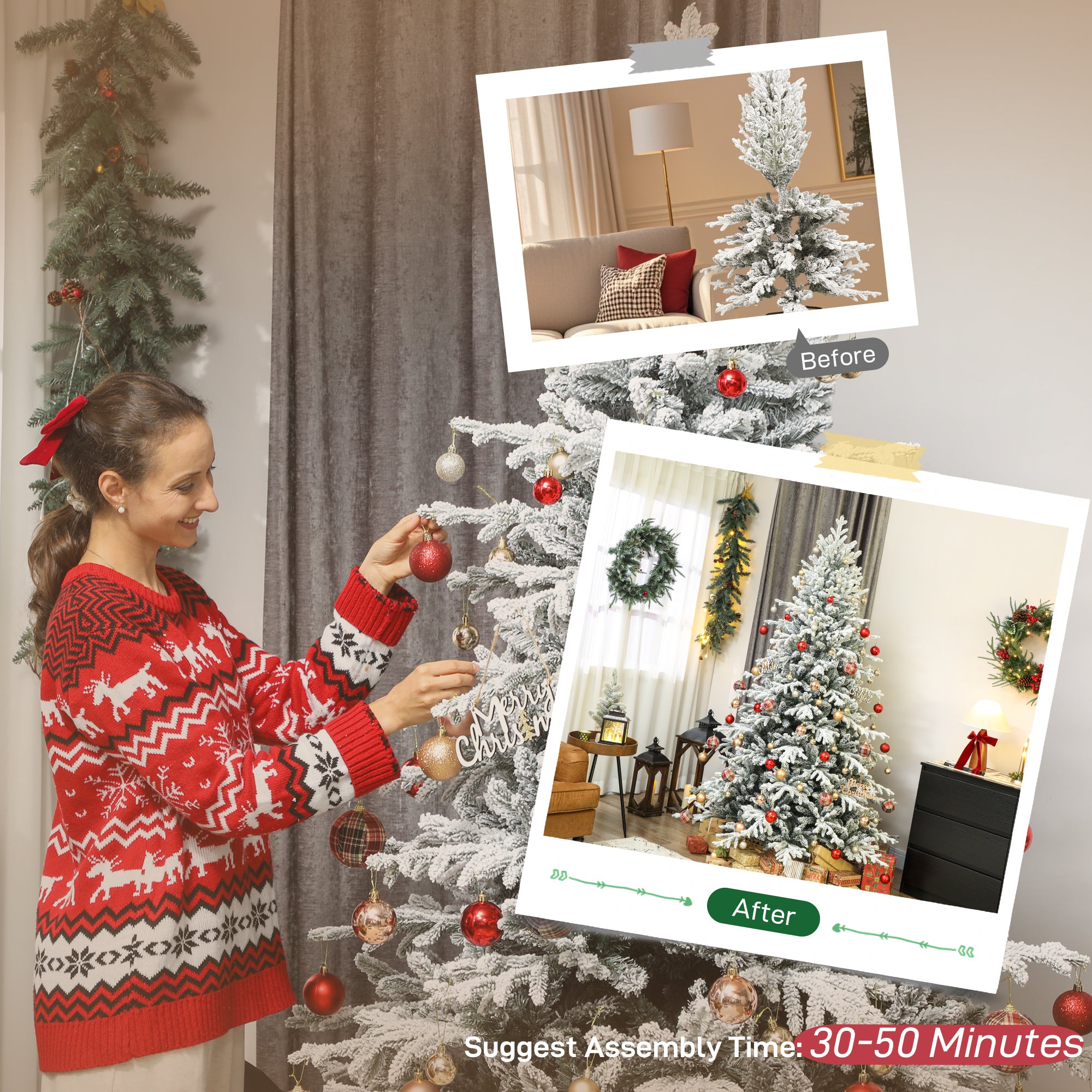 7ft Artificial Flocked Christmas Tree, Full Snow Pine Tree Holiday Decor, Hinged Xmas Tree with Realistic Tips, Metal Stand, Easy Assembly