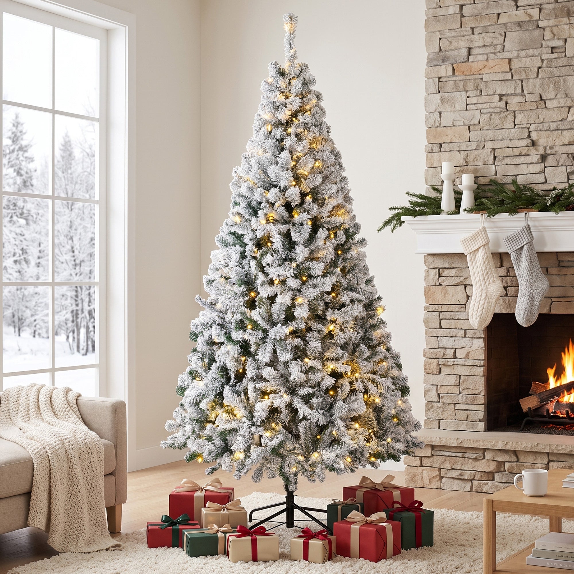 7.5ft Flocked Prelit Christmas Tree, Fraser Fir, Hinged Xmas Tree with 1189 Branch Tips, 400 Warm White LED Lights, Foldable Metal Base for Indoor Holiday Decor, Green White