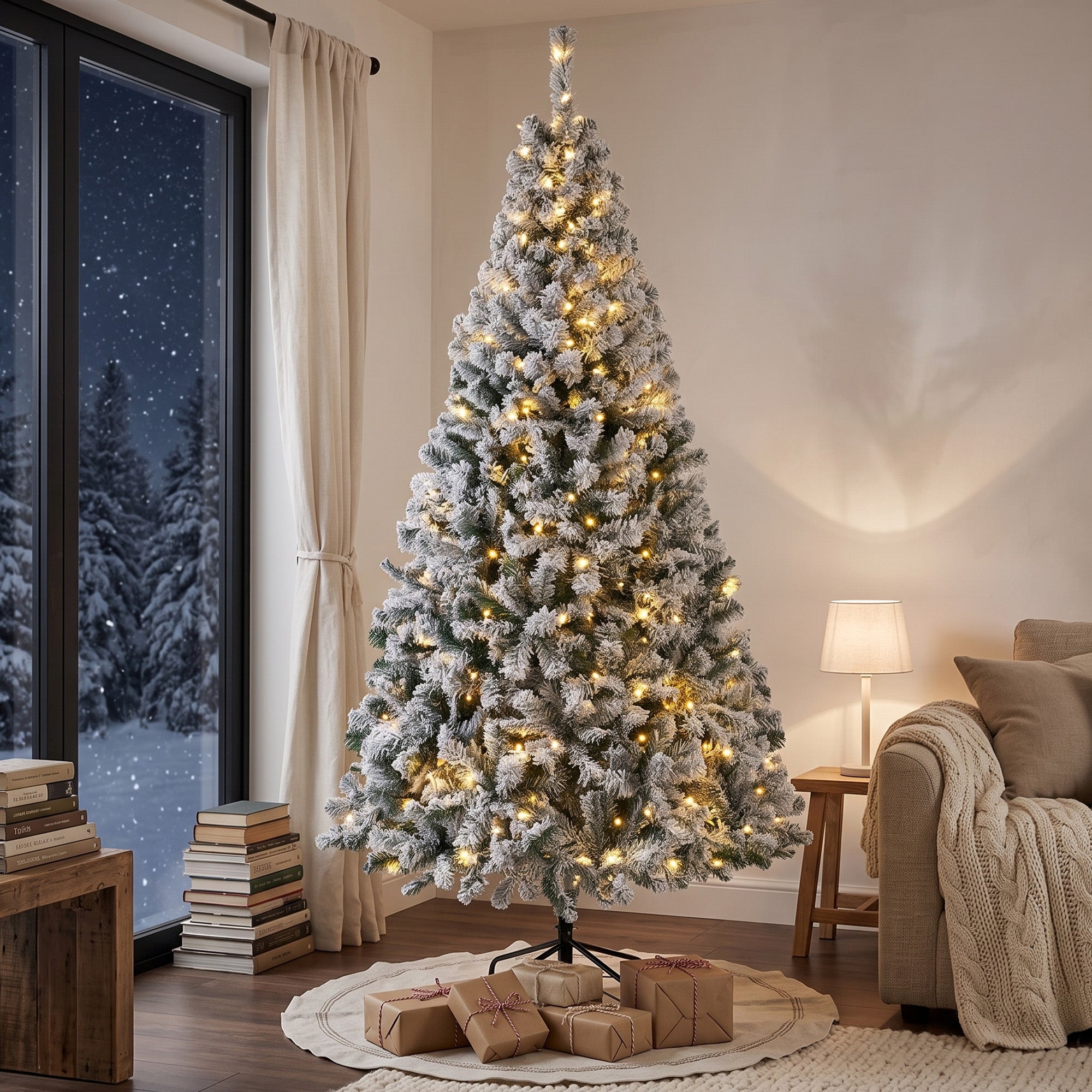 7.5ft Flocked Prelit Christmas Tree, Fraser Fir, Hinged Xmas Tree with 1189 Branch Tips, 400 Warm White LED Lights, Foldable Metal Base for Indoor Holiday Decor, Green White