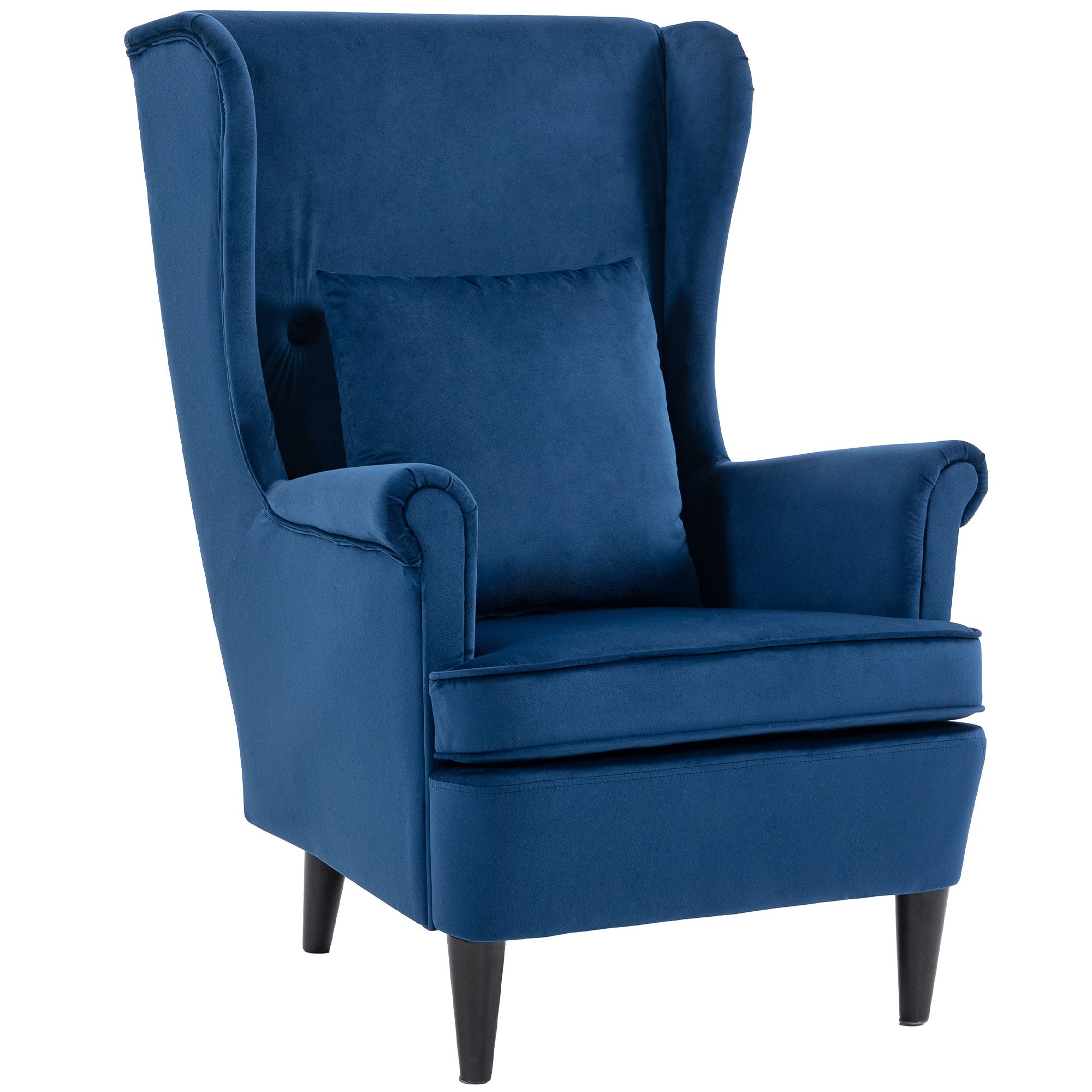 Modern Accent Chair, Upholstered Wingback Armchair with High Backrest and Pillow, Velvet-Feel Fabric Reading Chair with Solid Wood Legs for Living Room, Bedroom, Home Office, Blue