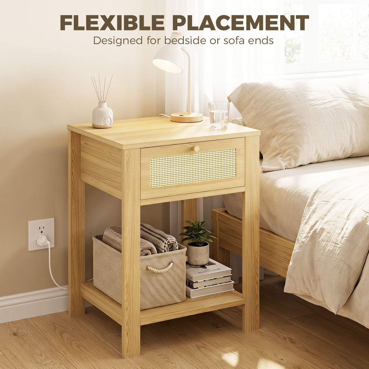 Nightstand Set of 2, Bedside Table Set with Drawer and Open Storage Shelf, Side End Table with Storage for Bedroom, Living Room, Natural Wood