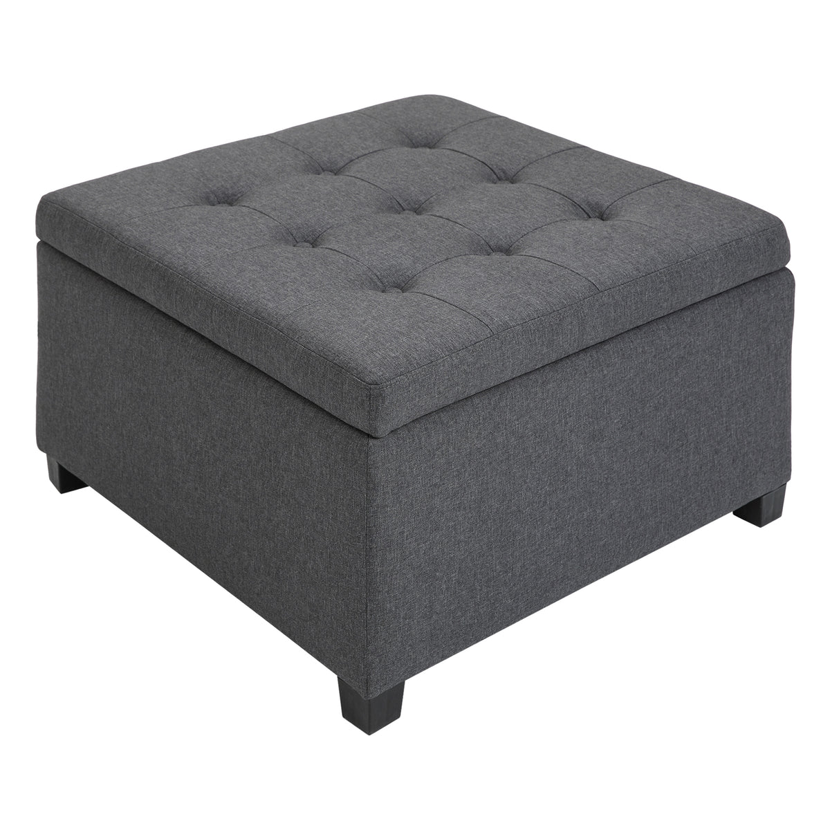 Linen-touch Tufted Storage Ottoman Upholstered Accent Bench Seat Cube Storage Box Footrest Stool, Dark Grey