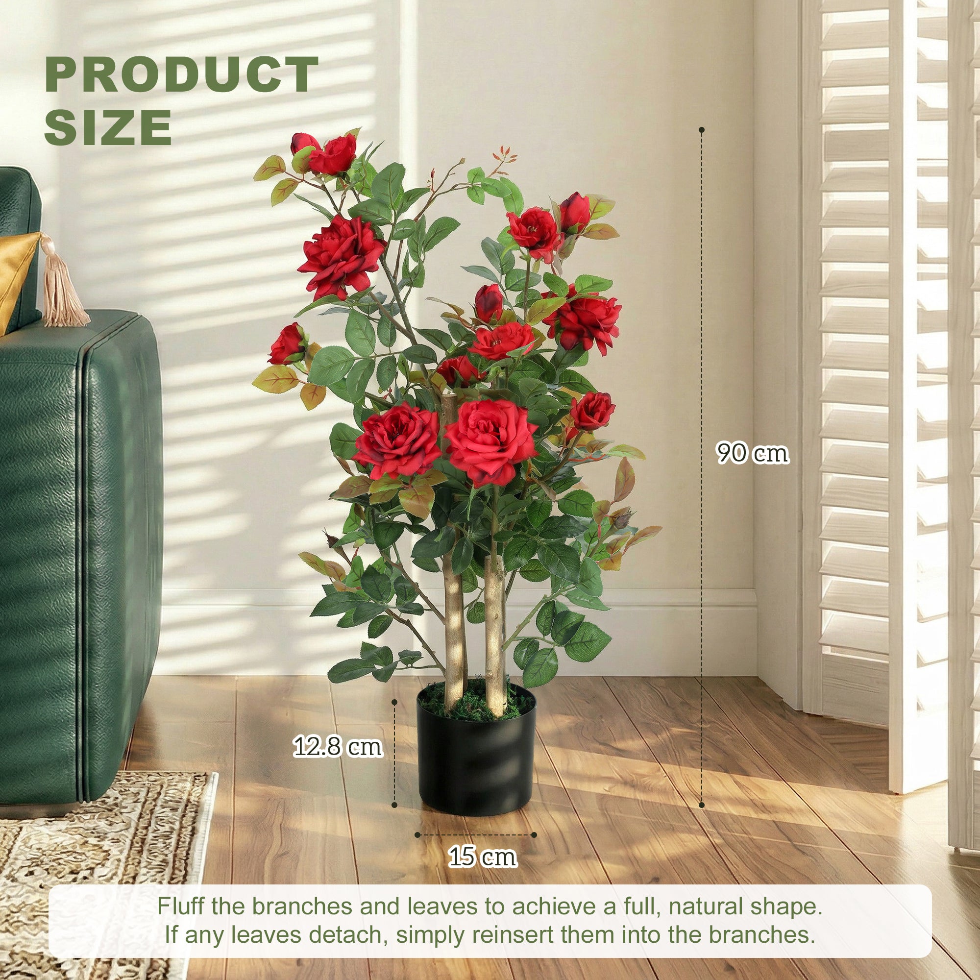 90cm Artificial Rose Tree, Decorative Fake Plant with 344 Silk Leaves and 17 Flowers, UV-Resistant Faux Tree for Outdoor Indoor Garden Porch Decor, Red