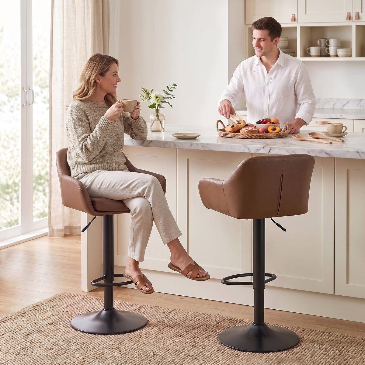 Adjustable Bar Stools Set of 2, Modern Swivel Counter Height Barstools with Back, Footrest, PU Leather Upholstered Bar Chairs for Kitchen Island Counter Dining Room, Brown