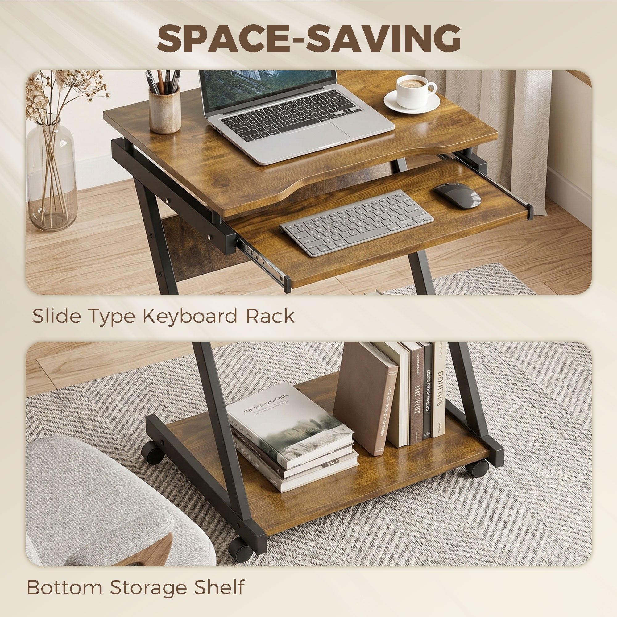 Movable Computer Desk with 4 Moving Wheels Sliding Keyboard Tray Home Office Workstation Rustic Brown