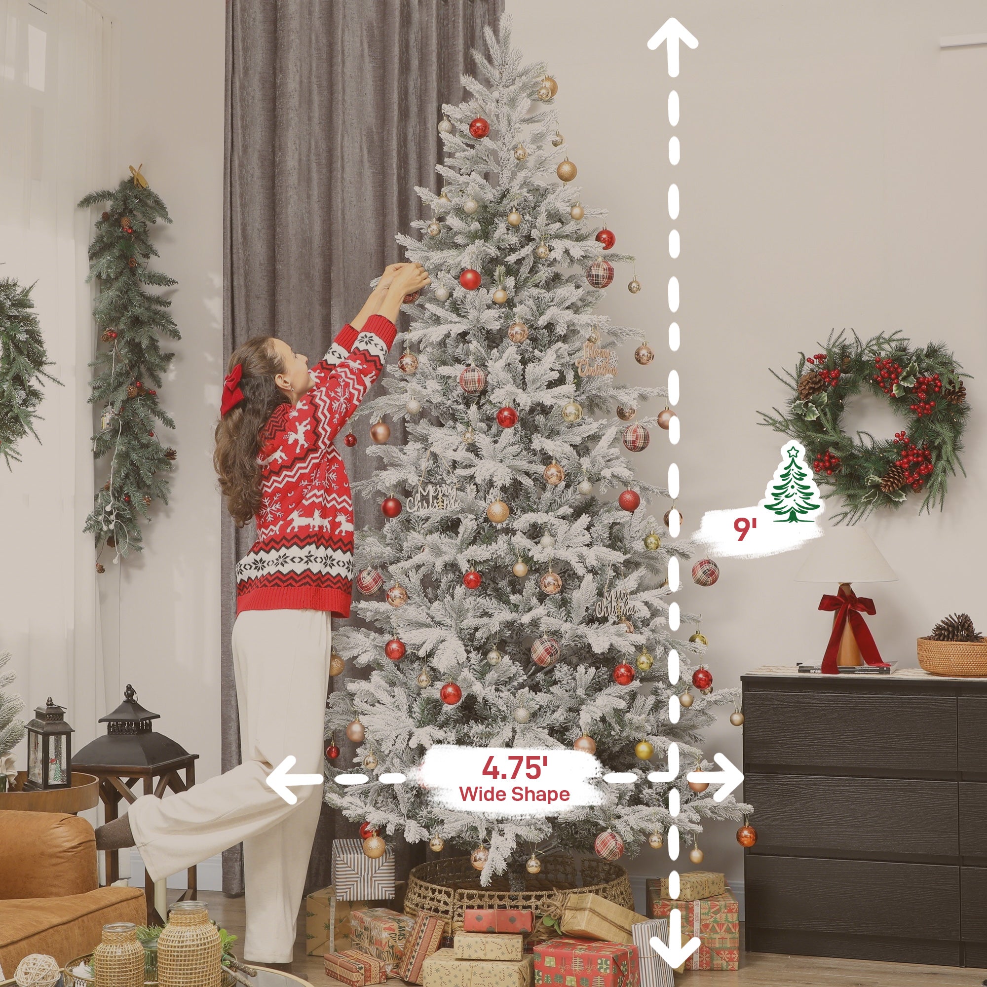 9ft Artificial Spruce Slim Christmas Tree, Snow Flocked Xmas Tree w/ 2,514 Branch Tips, Foldable Metal Stand and Hinged Branches, Noble Holiday Decor