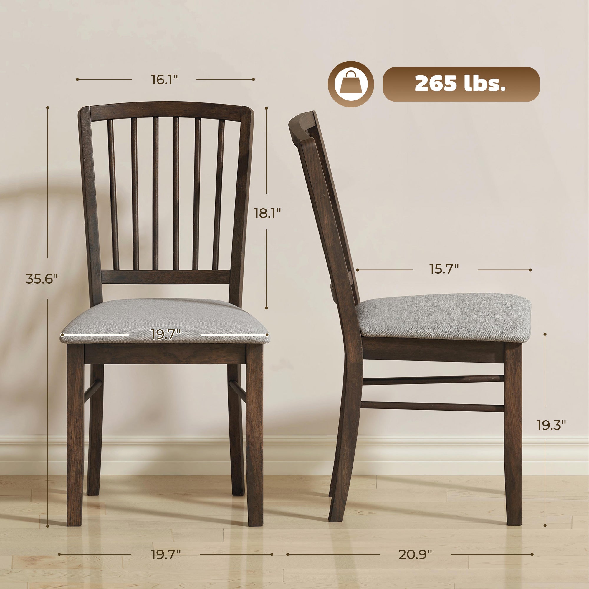 Farmhouse Dining Chairs Set of 2, Upholstered Linen Fabric Kitchen Chairs with Solid Rubberwood Legs for Kitchen, Dining Room, Burn Brown