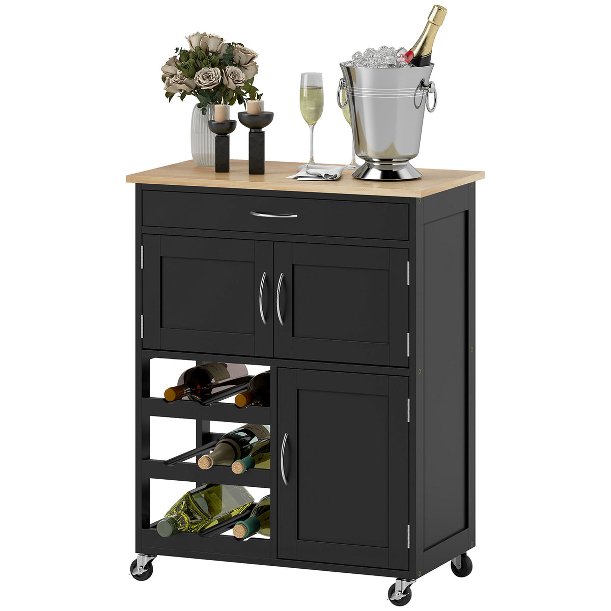 Modern Kitchen Trolley, Rolling Island Storage Cart with Drawer, 9-bottle Wine Rack, Door Cabinets, Wooden Countertop, Black