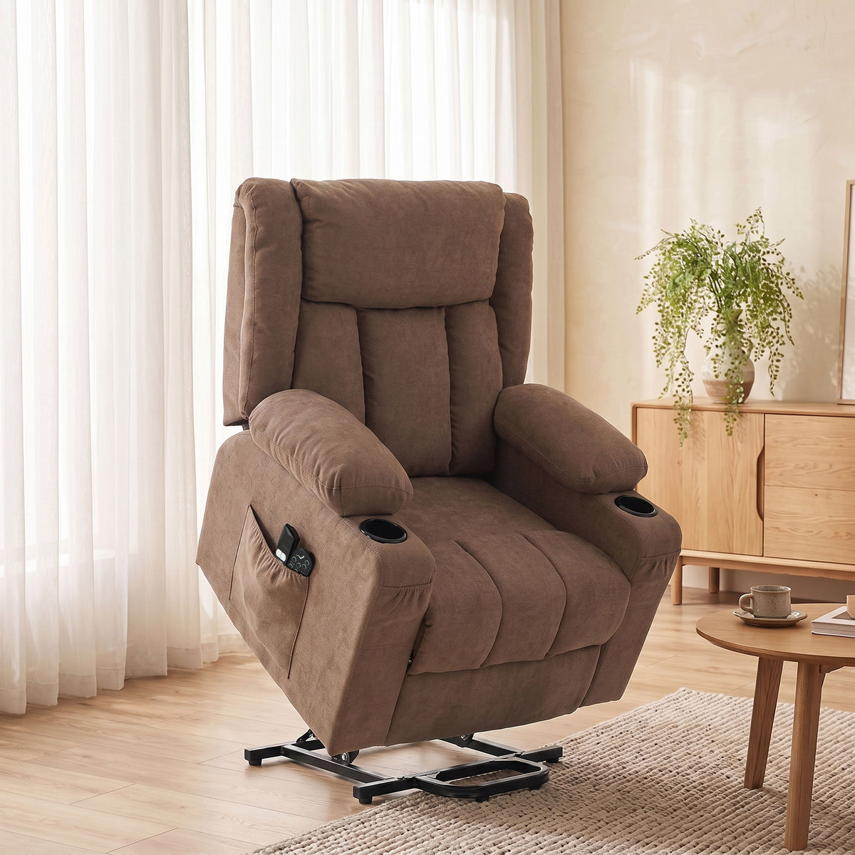 Dual Motor Recliner Chair Lift Chair for Elderly, 55° Electric Riser Recliner Armchair with Massage and Heat, Terry Cloth Power Reclining Lounge Sofa, 2 Cup Holders, Side Pockets, Brown