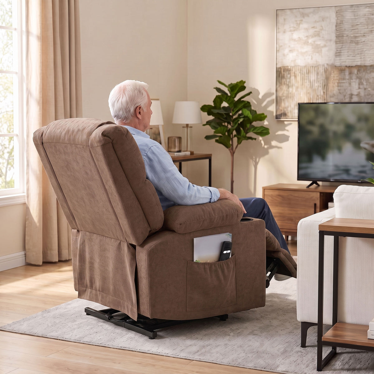 Dual Motor Recliner Chair Lift Chair for Elderly, 55° Electric Riser Recliner Armchair with Massage and Heat, Terry Cloth Power Reclining Lounge Sofa, 2 Cup Holders, Side Pockets, Brown