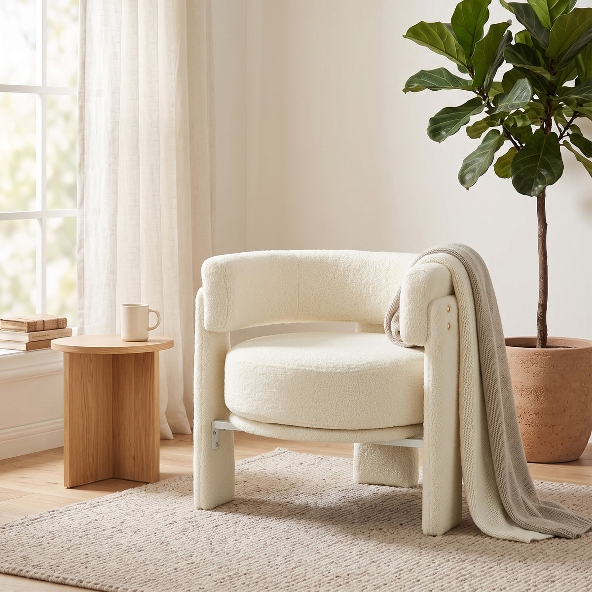 Sherpa Accent Chair, Upholstered Armchair, Nordic Living Room Chair with Lumbar Pillow, Padded Armrests and Thick Cushion, Cream White