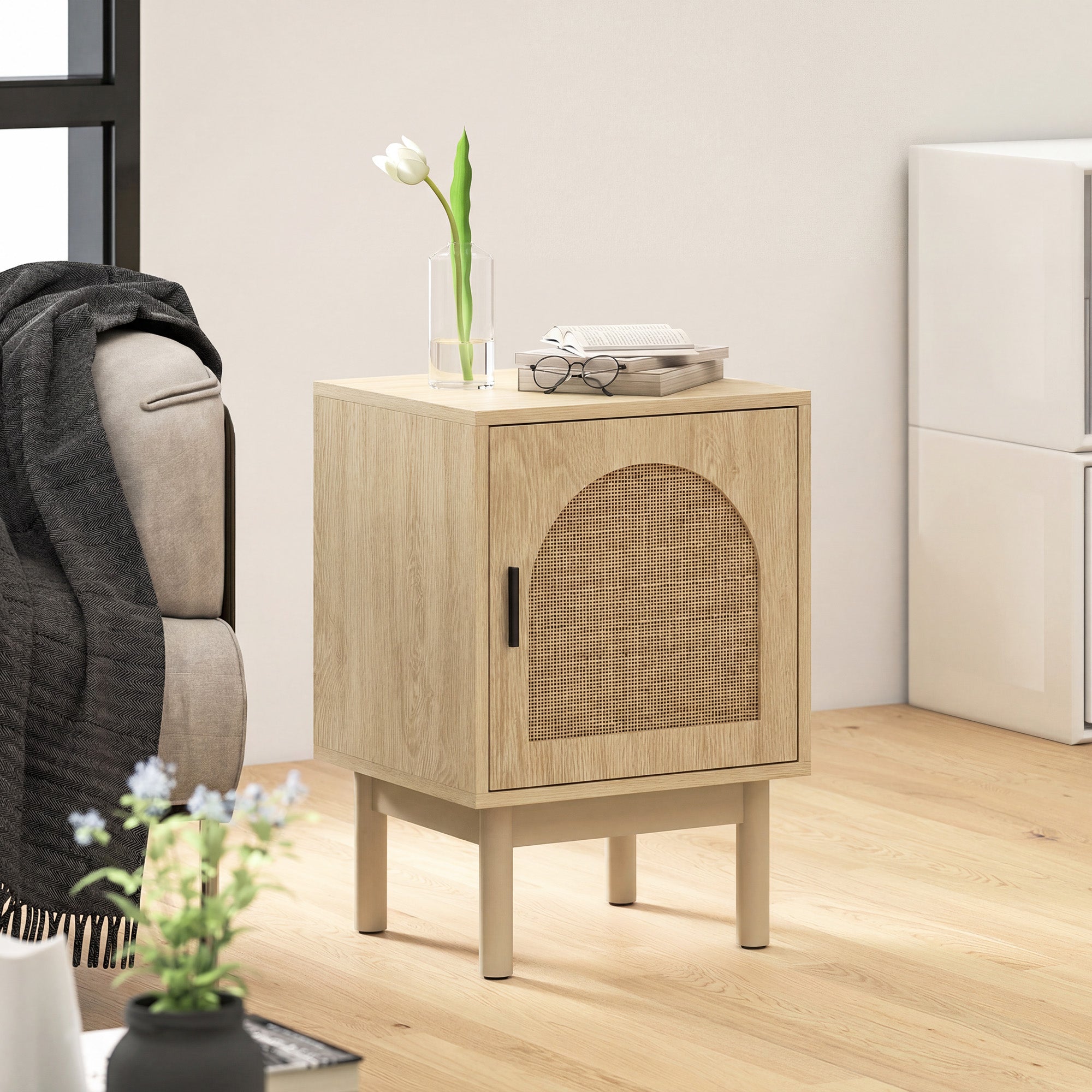 Rattan Bedside Table, Boho Bedside Cabinet with Adjustable Shelf and Solid Wood Legs, Side Table for Living Room, Bedroom, Natural Wood