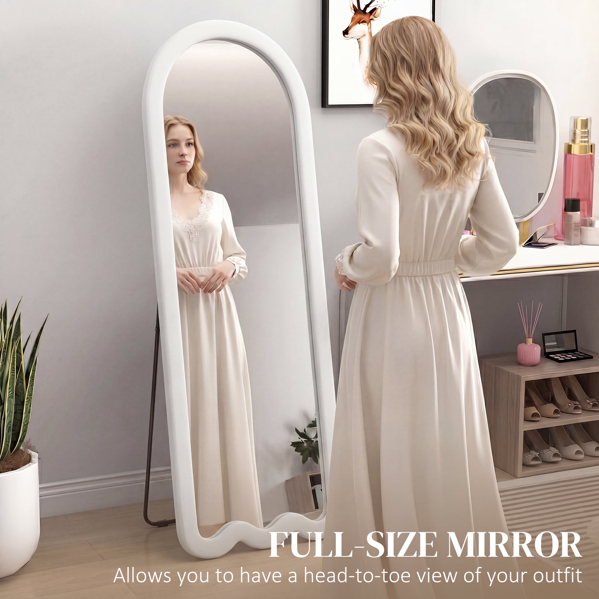 64"x 24" Full Length Mirror, Free Standing, Leaning or Wall Mounted Full Body Mirror, Soft Padded Frame and Arched Wavy Design for Bedroom, Living Room, White
