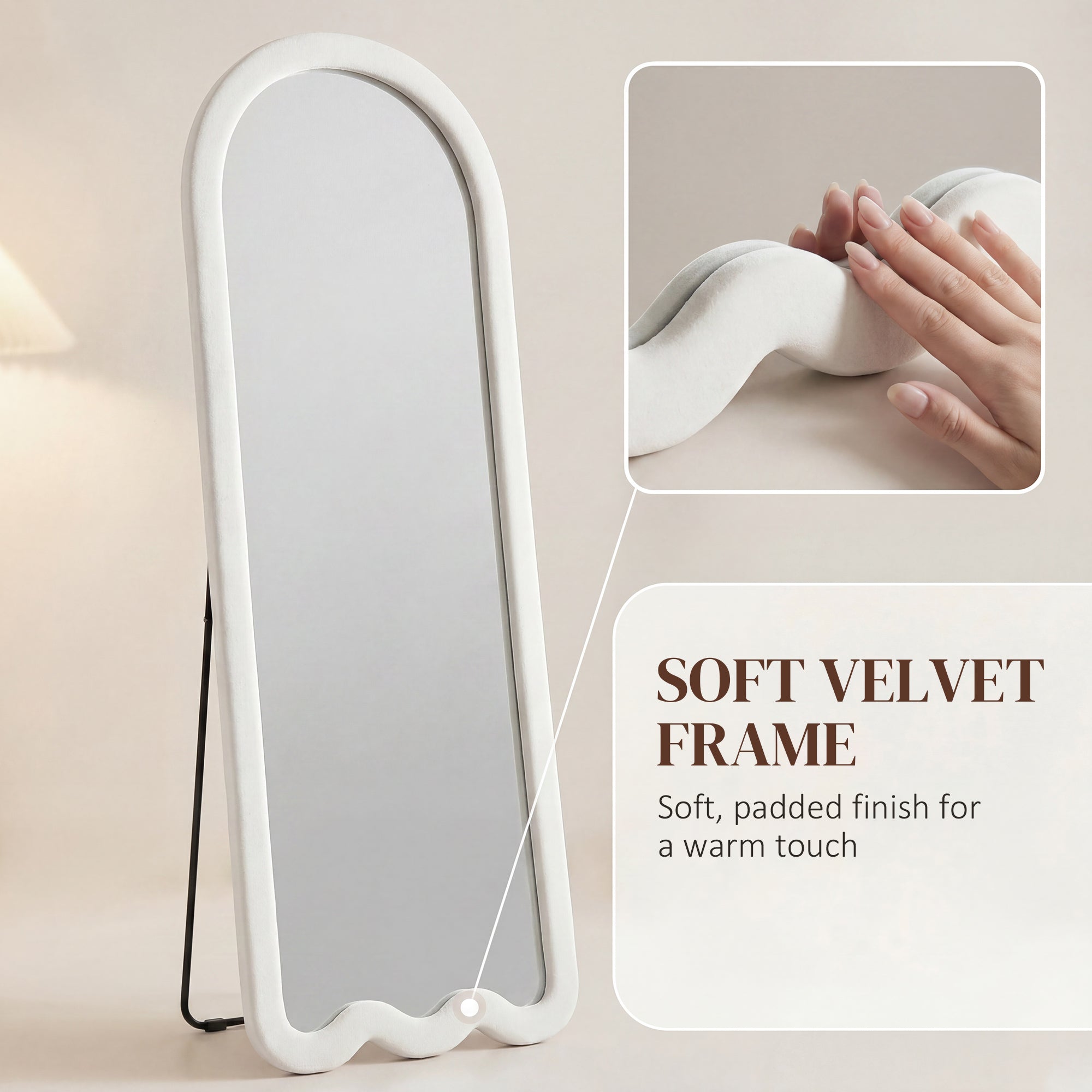 64"x 24" Full Length Mirror, Free Standing, Leaning or Wall Mounted Full Body Mirror, Soft Padded Frame and Arched Wavy Design for Bedroom, Living Room, White