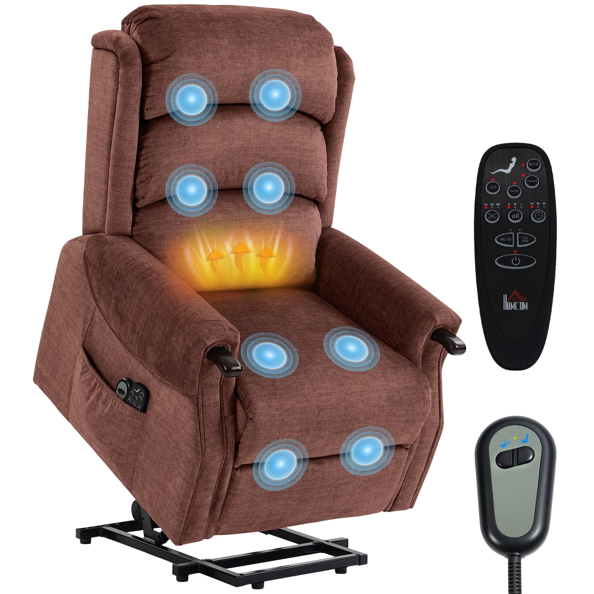 Power Lift Recliner Chair with Vibration Massage and Heat, Electric Lift Chair with Wood Grip, Pocket Spring, Fabric Riser and Reclining Armchair with Remote, Quick Assembly, Brown