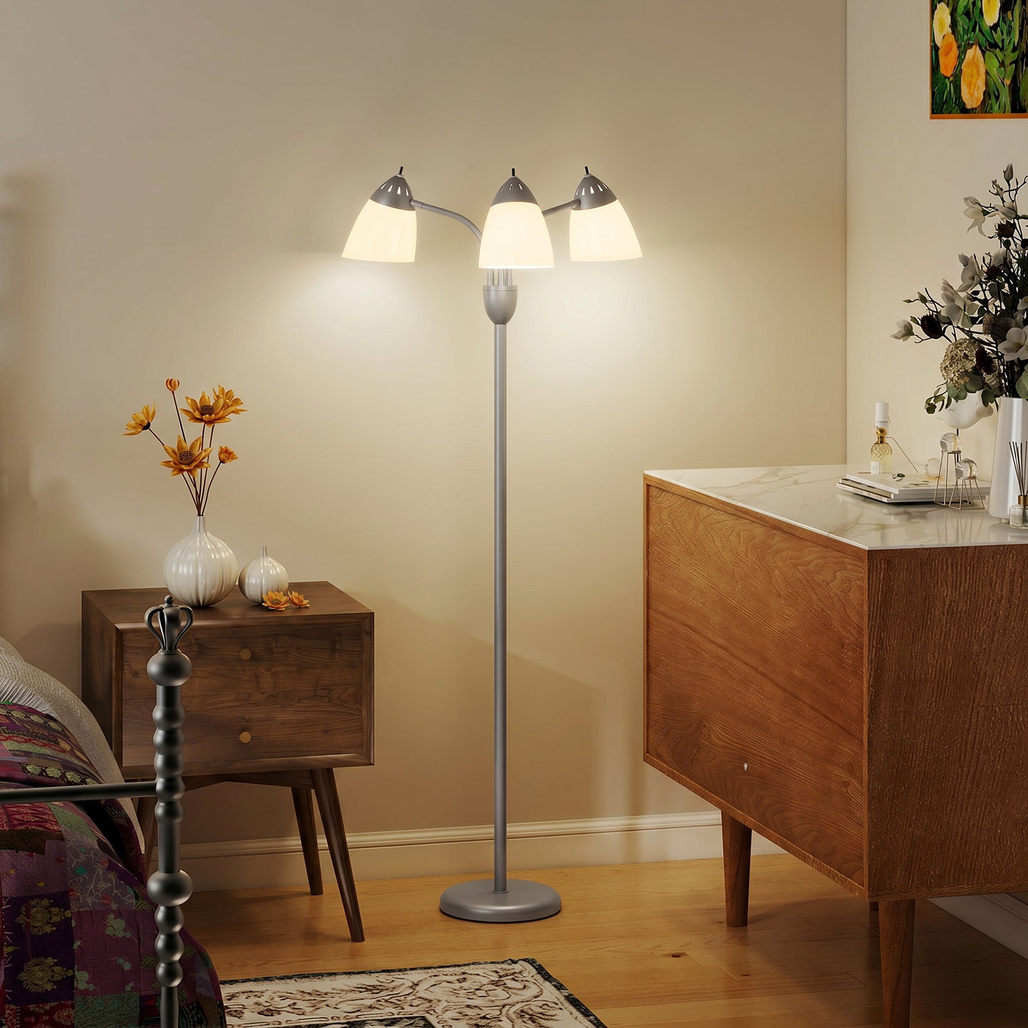Arc Tree Floor Lamp with 3 Adjustable Rotating Lights and 3000K/4500K/6500K Colour Temperatures, Industrial Standing Lamp with Steel Frame for Bedroom Living Room, 155cm, Silver Tone