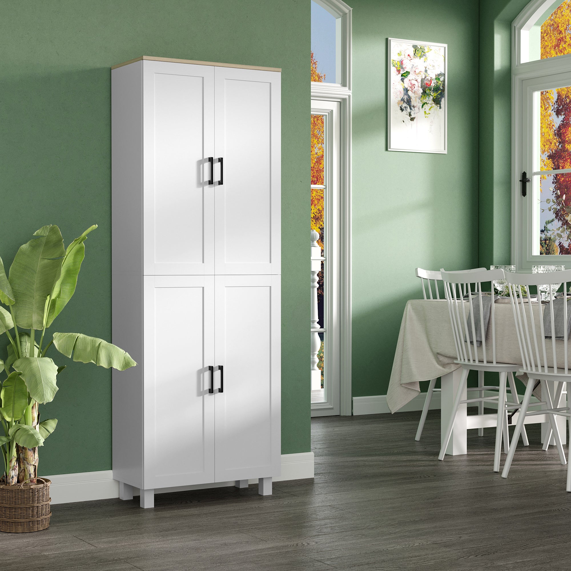 Freestanding Kitchen Cupboard, 4-Door Storage Cabinet with Adjustable Shelves, Modern Kitchen Pantry for Dining Room, 170cm, White Embossed Wood Grain