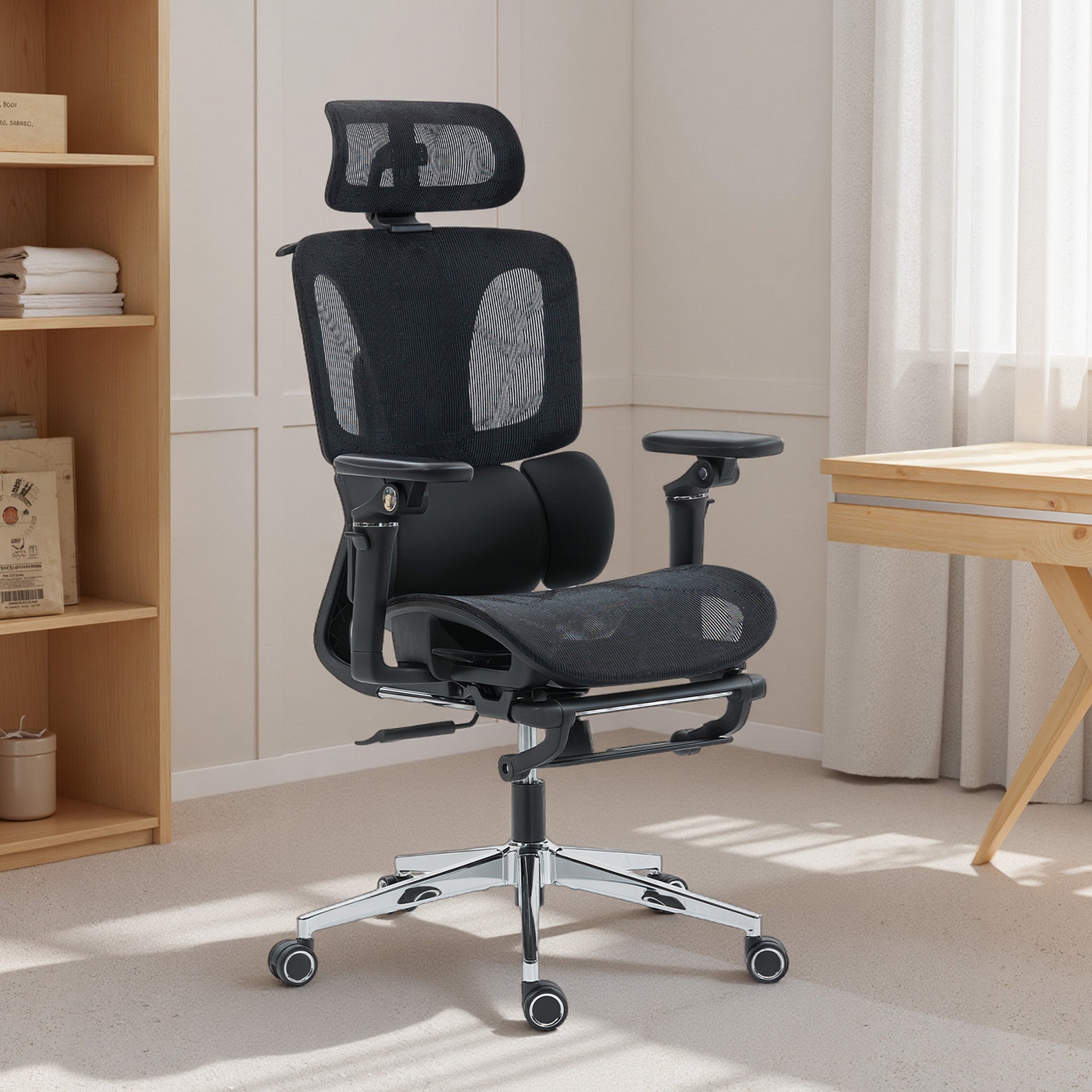 Ergonomic Office Chair, Mesh Computer Desk Chair with 6D Armrests, Adjustable Headrest, Lumbar Support and Seat Depth, Footrest, High Back, Reclining Backrest, Black