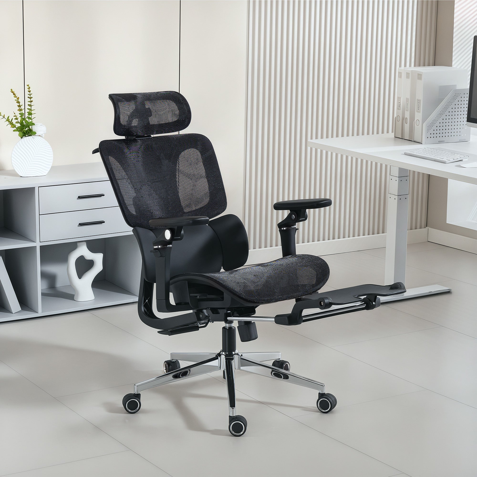 Ergonomic Office Chair, Mesh Computer Desk Chair with 6D Armrests, Adjustable Headrest, Lumbar Support and Seat Depth, Footrest, High Back, Reclining Backrest, Black