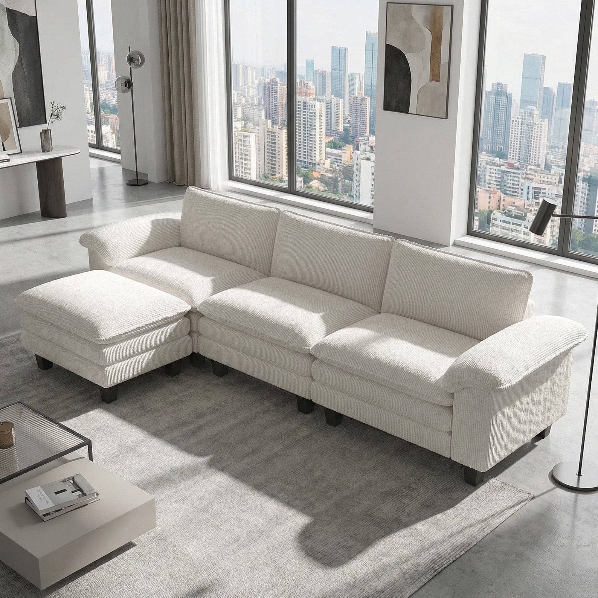 124" Sectional Sofa, L Shaped Couch with Deep Seat, Movable Ottoman and Pillow-top Armrests, Corduroy 3 Seat Sectional Couch for Living Room, 2200lb Capacity, Beige
