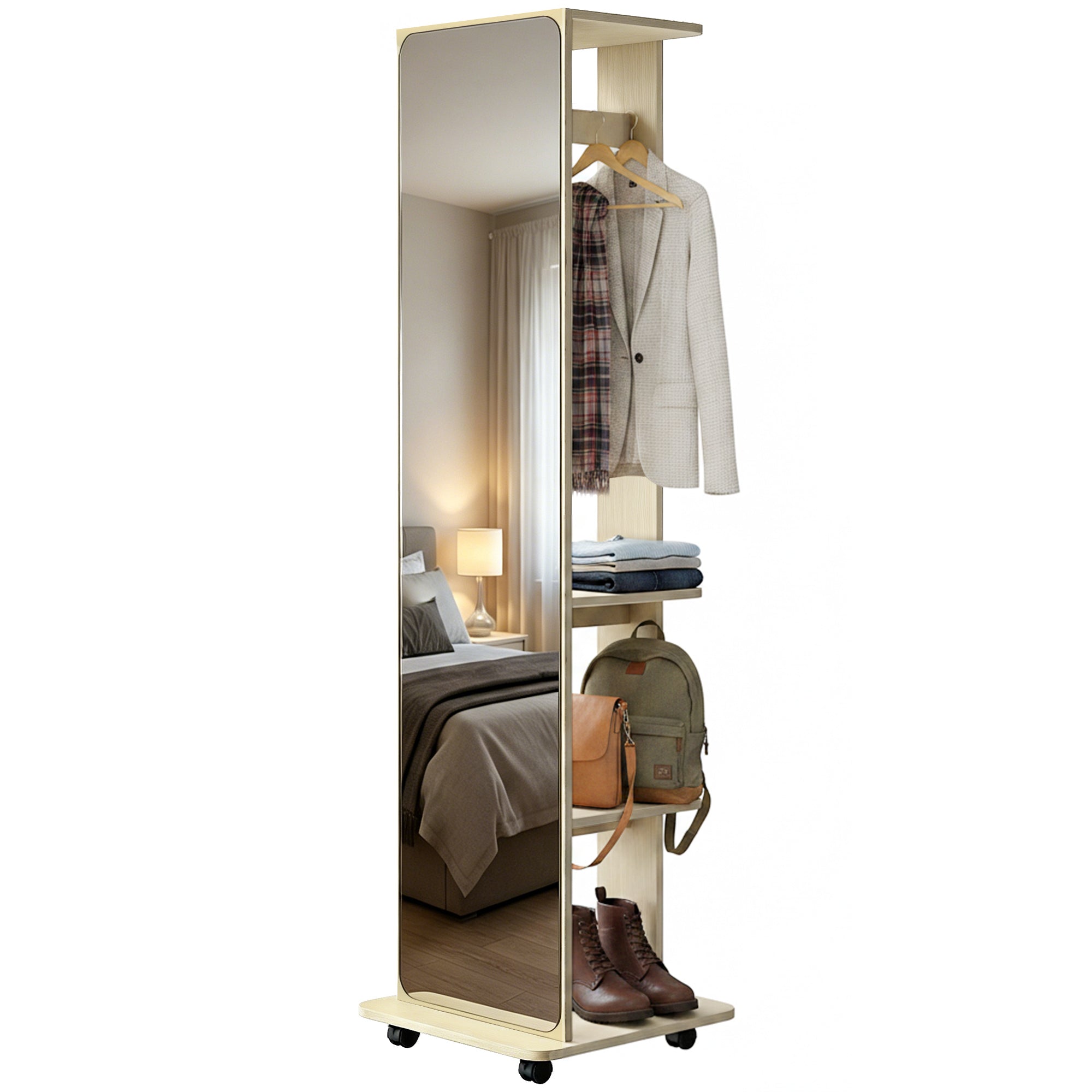 15" x 62" Full Length Mirror, Tempered Glass Floor Mirror on Wheels with Storage Shelves, Coat Hangers for Bedroom, Living Room, Natural Wood
