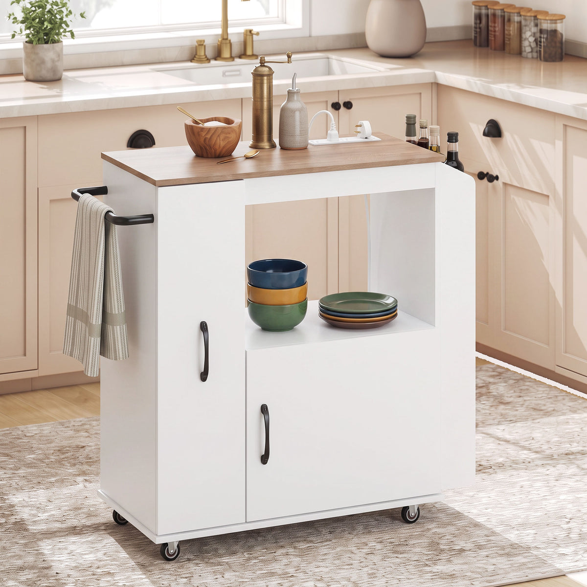 Kitchen Trolley on Wheels, Rolling Kitchen Island Cart with Power Outlet, Cabinet, Pull-Out Drawer and Towel & Spice Rack, Mobile Serving Trolley Cart for Dining Room, Bathroom, White