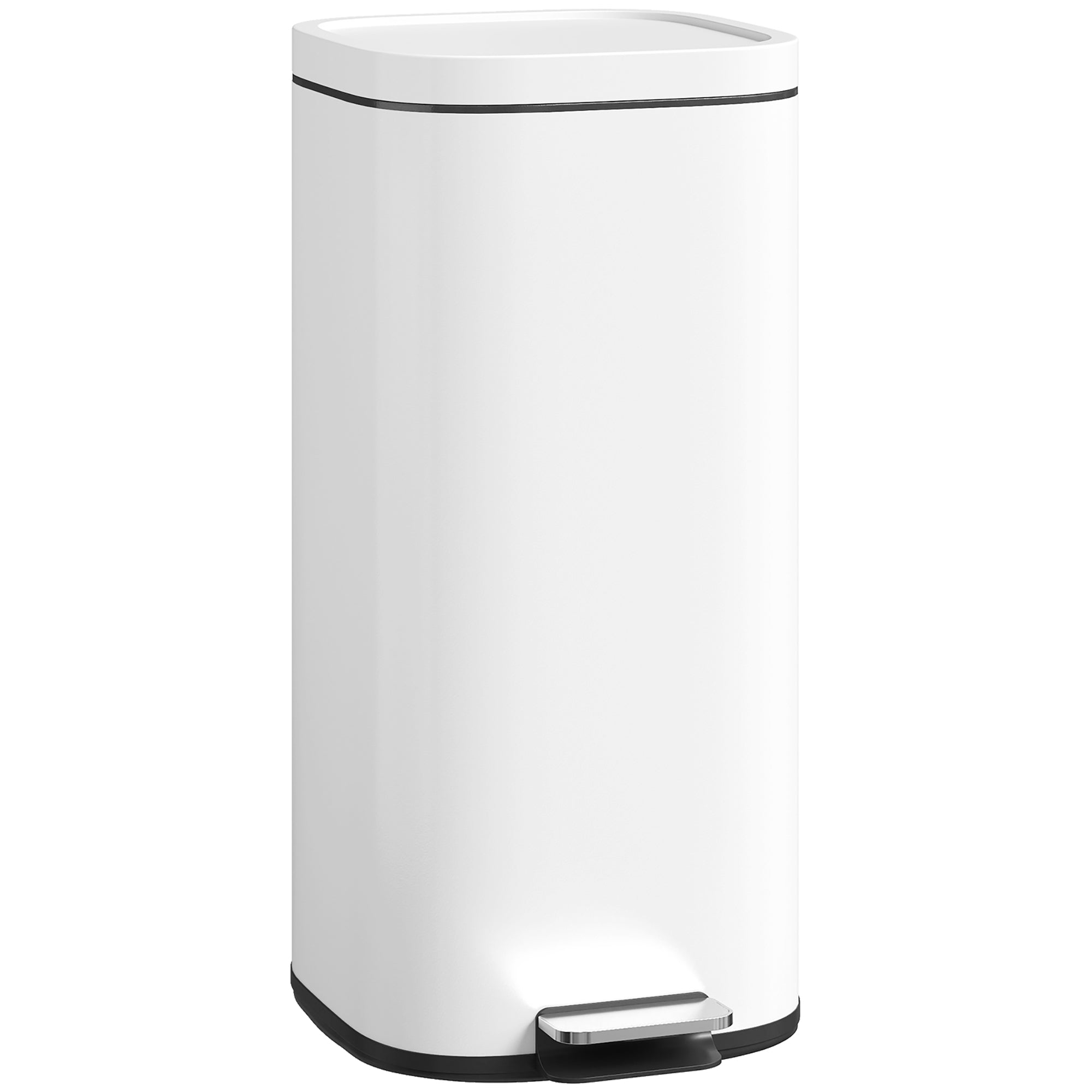 30L Kitchen Bin with Lid, Compact Pedal Bin with Soft-Close and Stay-Open Lid, Removable Inner Bucket, Fingerprint-Resistant for Kitchen, Home, Office, Bedroom, White