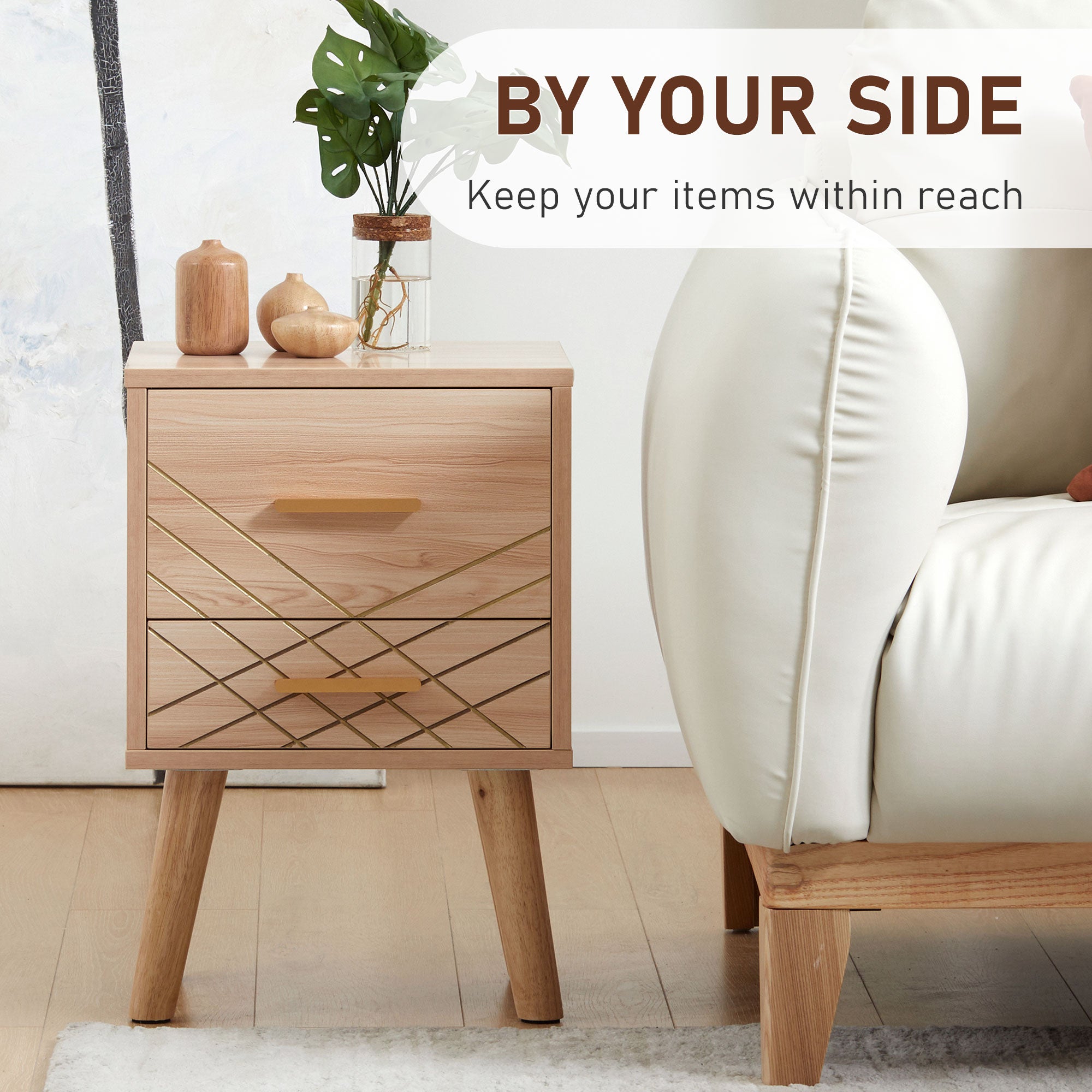 HOMCOM Bedside Table, Bedside Cabinet with 2 Drawers, Nordic Side Table with Wood Legs, Nightstand for Bedroom, Natural