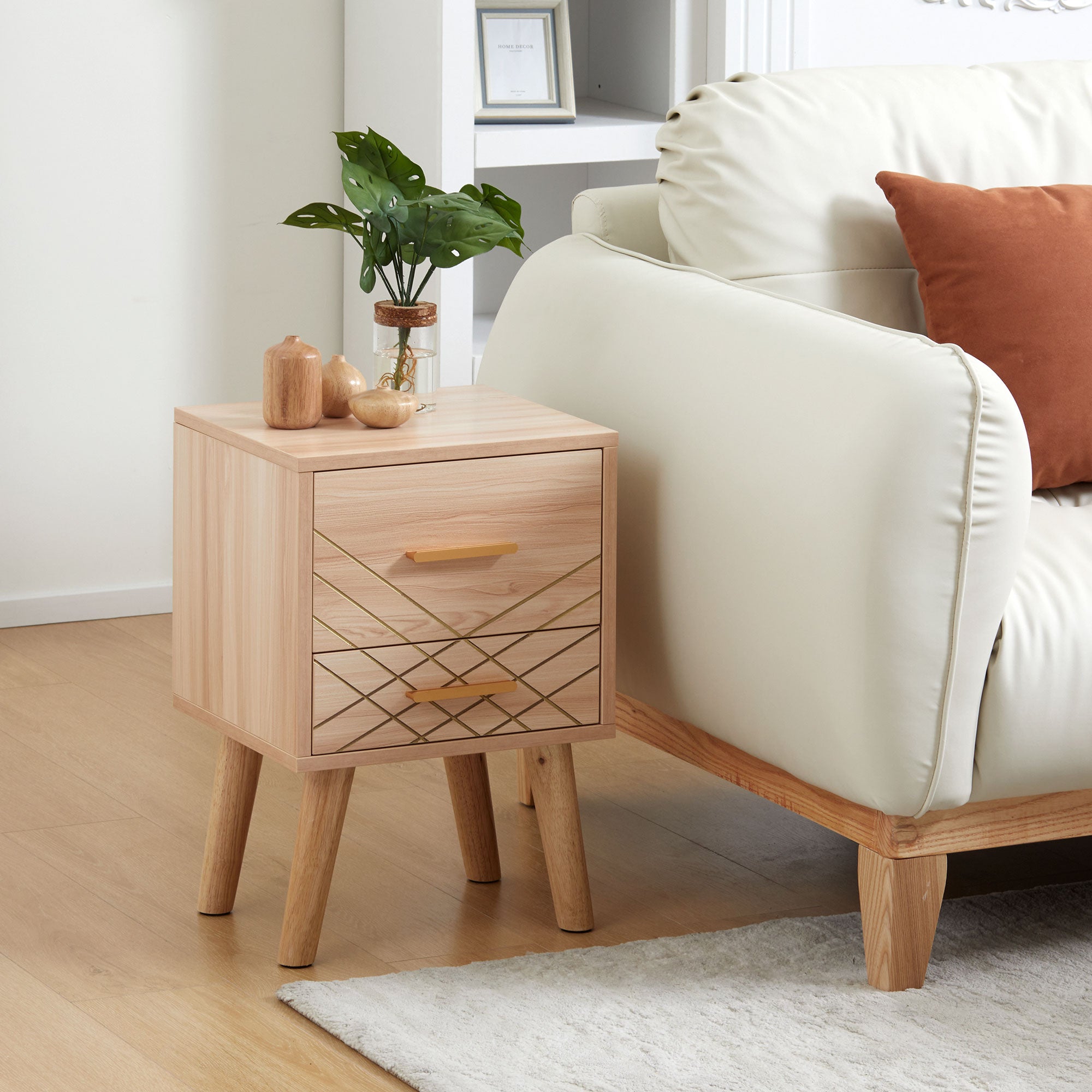 HOMCOM Bedside Table, Bedside Cabinet with 2 Drawers, Nordic Side Table with Wood Legs, Nightstand for Bedroom, Natural