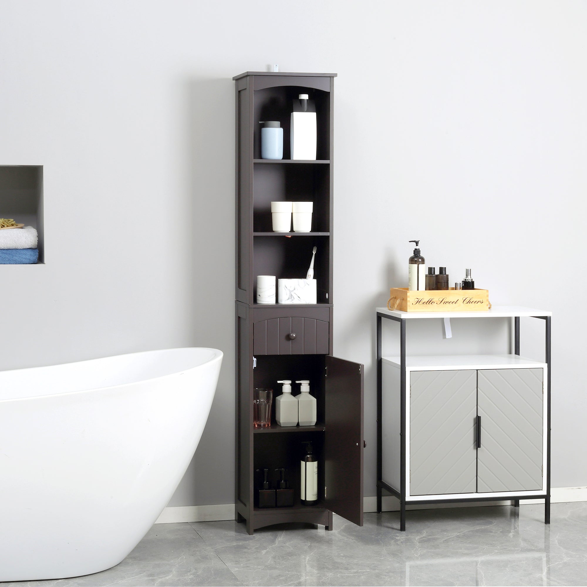 Bathroom Storage Cabinet, Tall Linen Tower with 3 Tier Shelves and Drawer, Brown