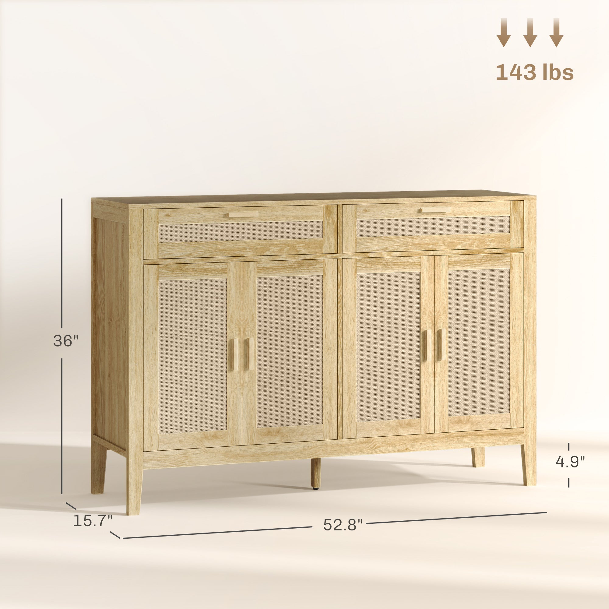 Solace Rattan Sideboard Cabinet, Entryway Cabinet with Drawers, Oak