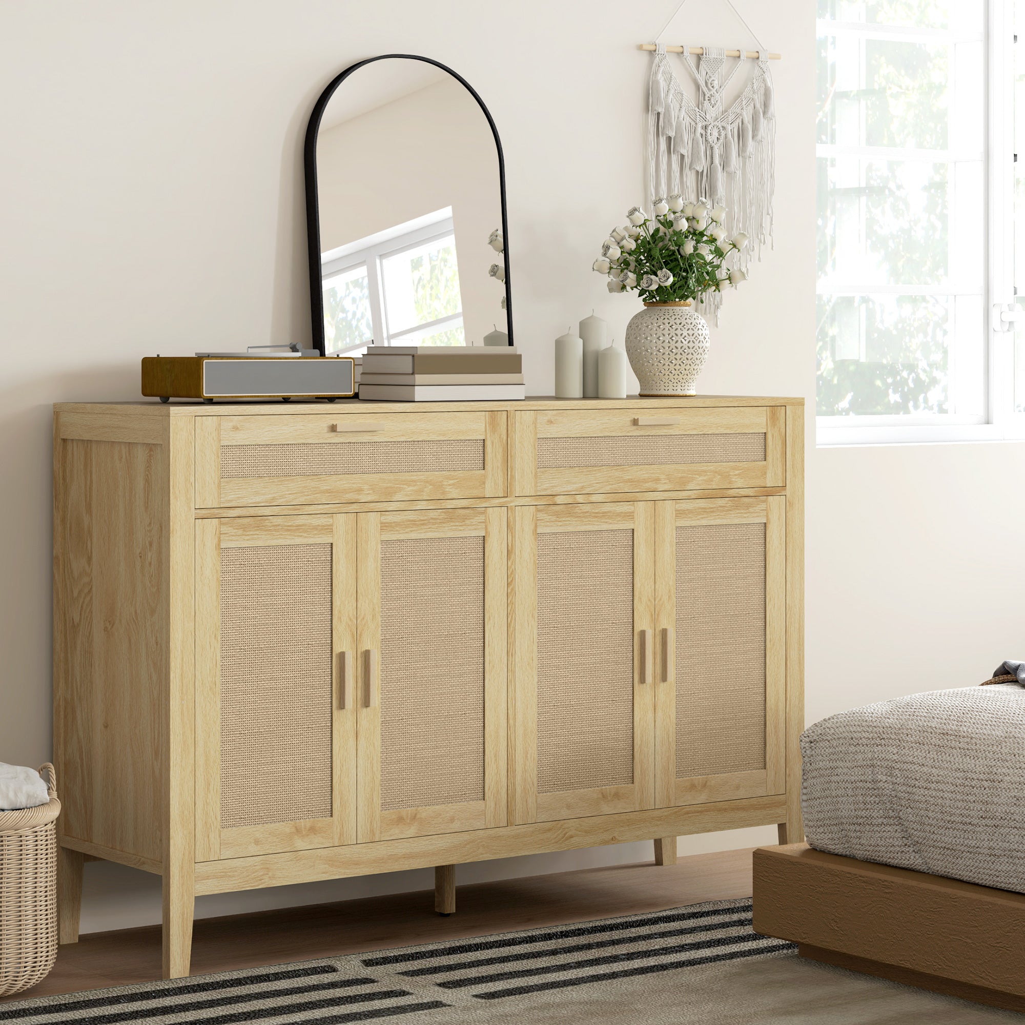 Solace Rattan Sideboard Cabinet, Entryway Cabinet with Drawers, Oak