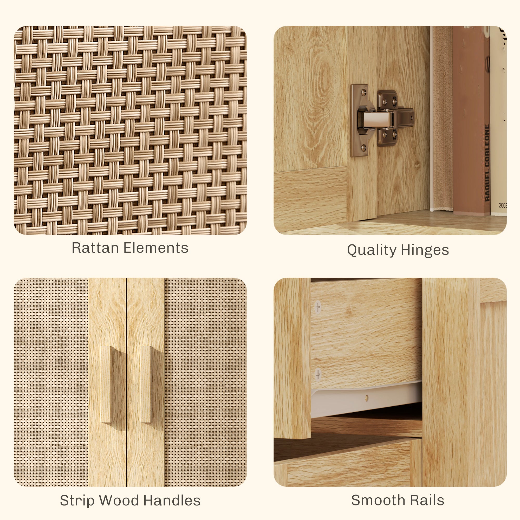 Solace Rattan Sideboard Cabinet, Entryway Cabinet with Drawers, Oak