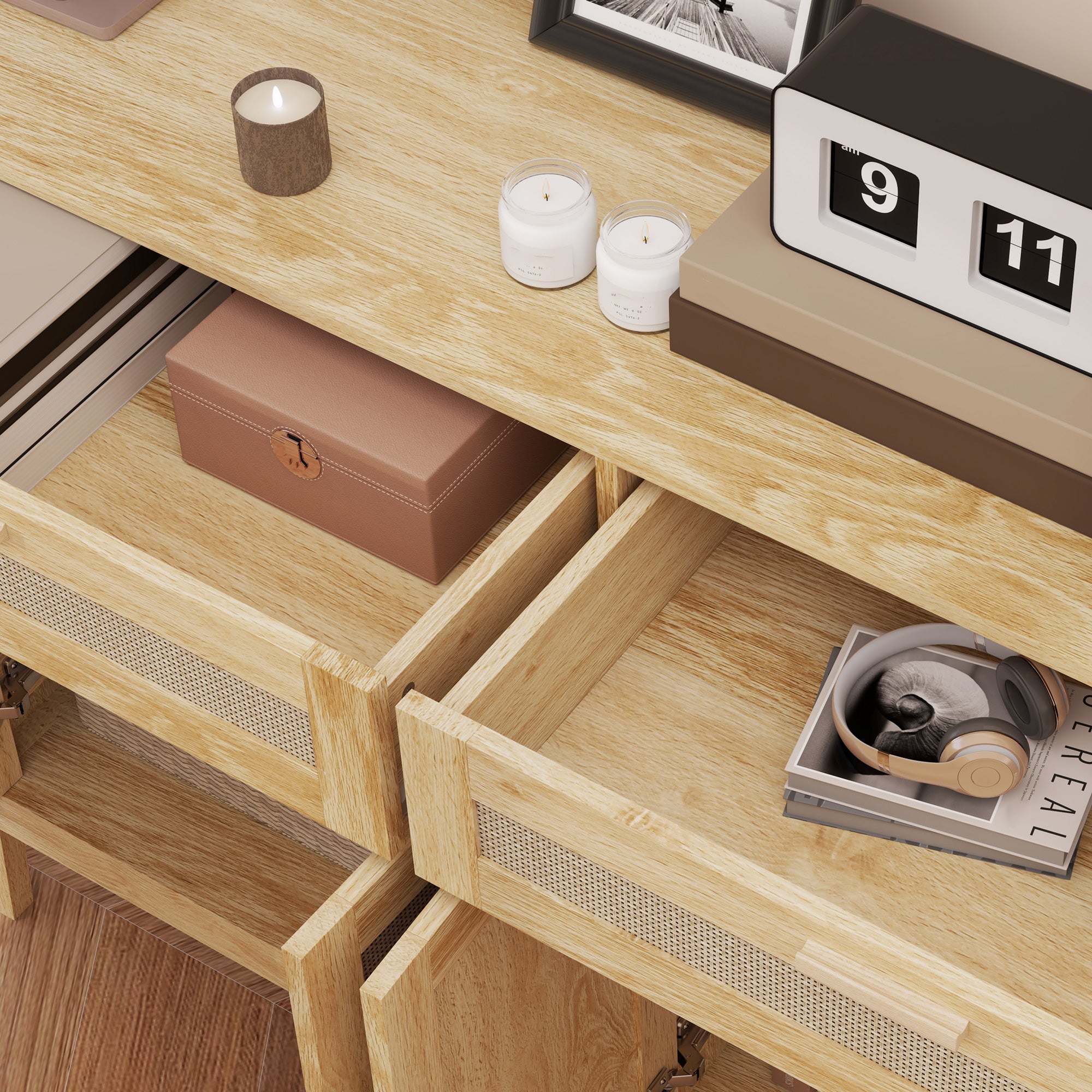 Solace Rattan Sideboard Cabinet, Entryway Cabinet with Drawers, Oak